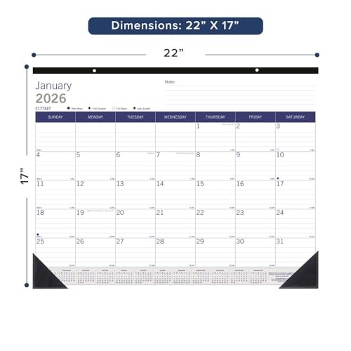 Blueline® 2026 DuraGlobe™ Monthly Desk Pad Calendar, 22″W x 17″H, Blue/White