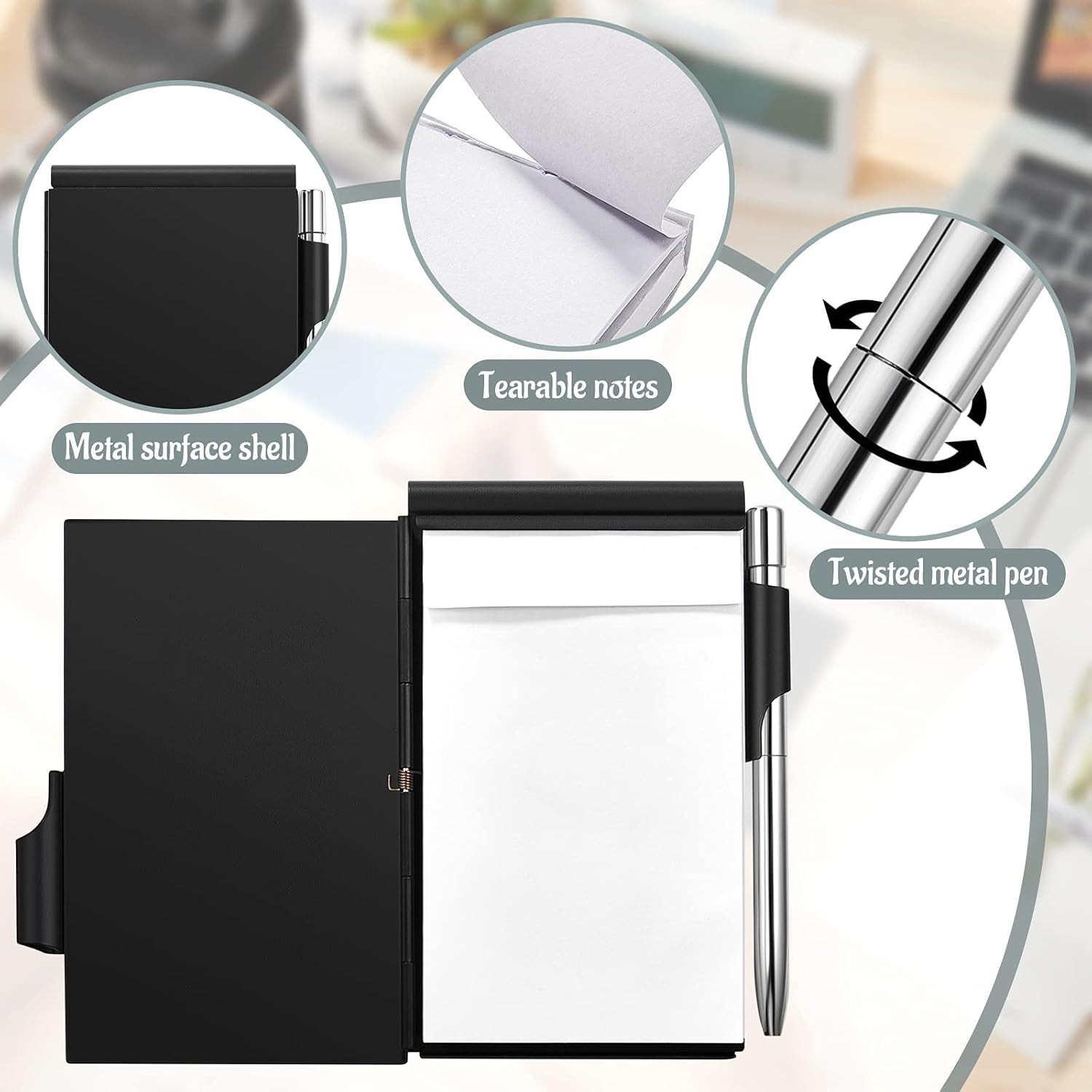2 Pieces Metal Pocket Notebook with Pen and Refillable Paper, Aluminum Black