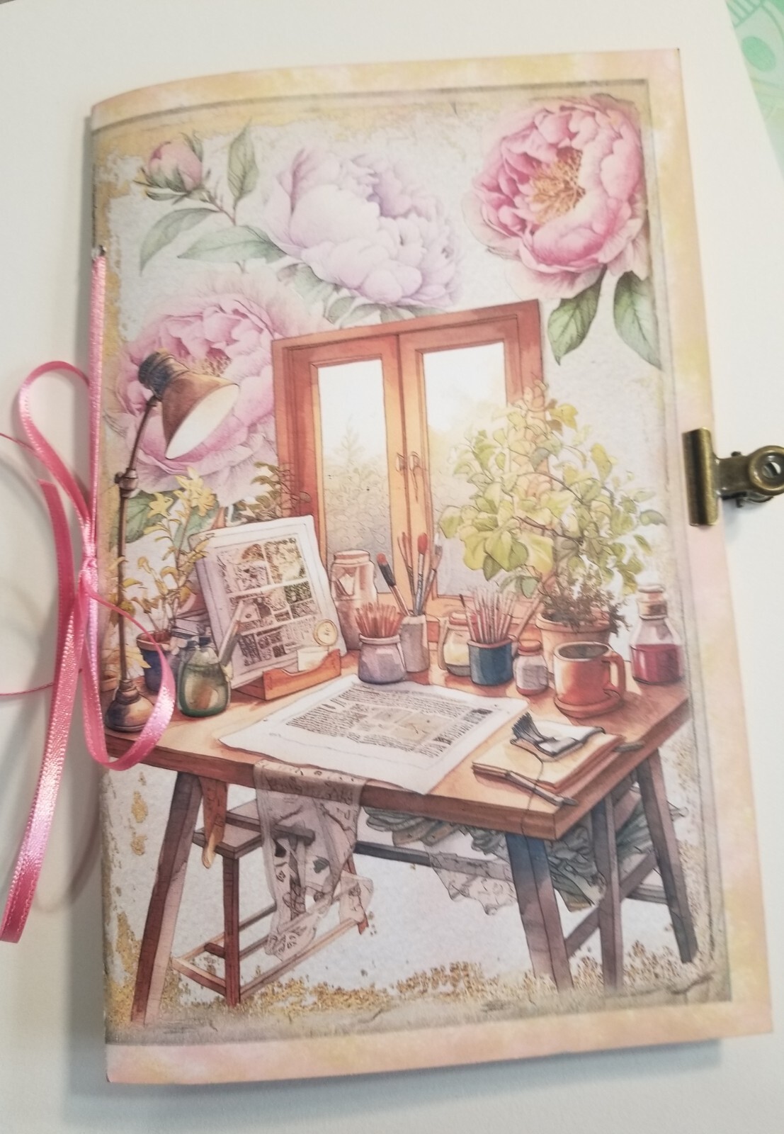 Junk Journal Blank Booklet “ARTIST’S STUDIO” HANDMADE PAINTING LG 8.5″x5.5″ 40pg