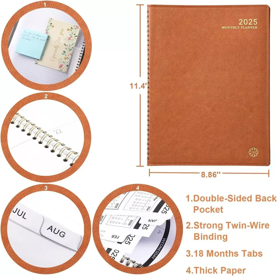 Monthly Planner Jan-Dec 2025 Twin-Wire Organizer Leather Cover Planner, Brown