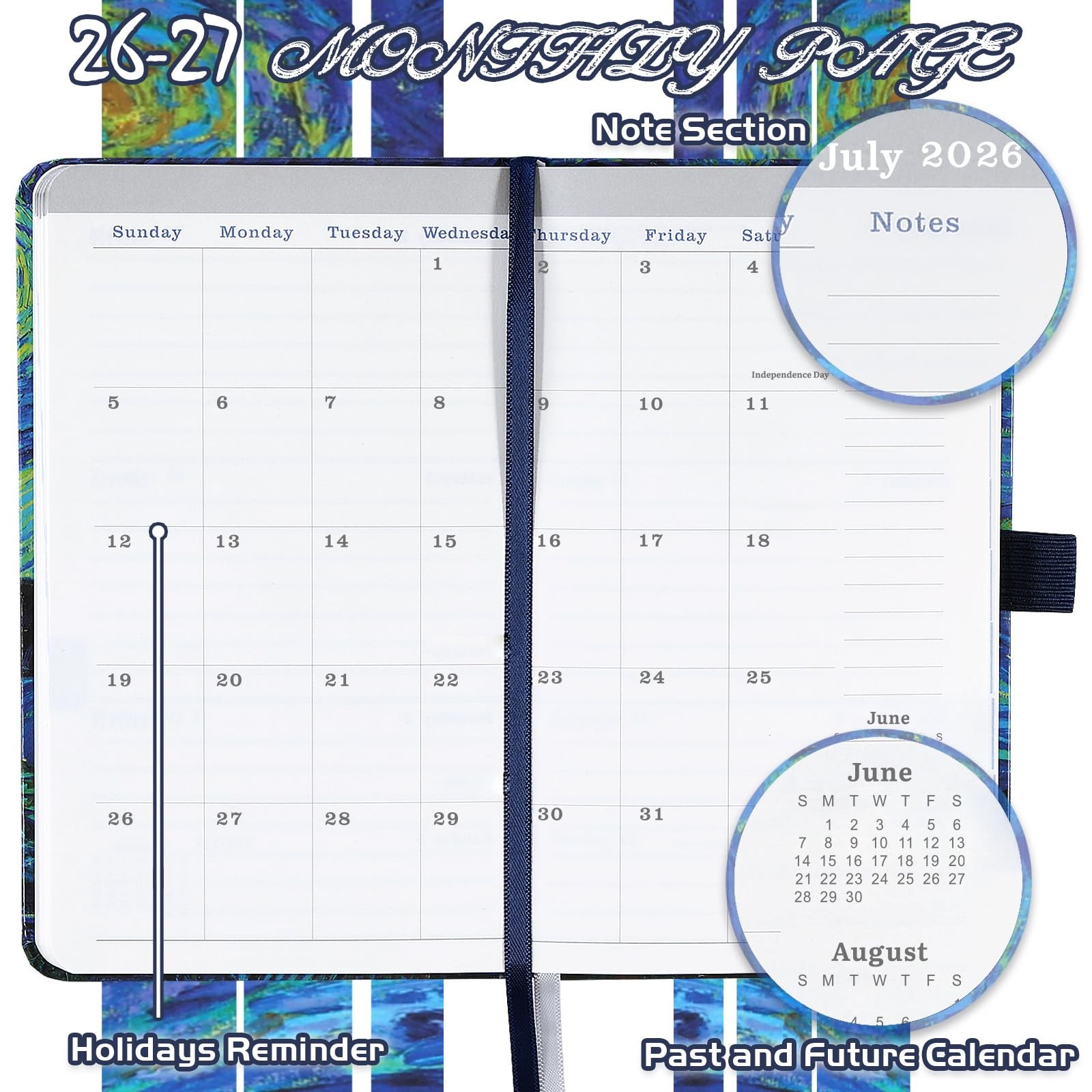 Pocket Planner 2026 2027 Weekly Monthly Calendar 3.8 x 6.3 Hardcover Pen Holder