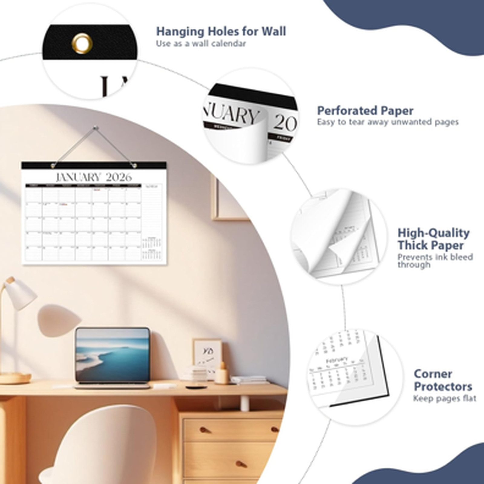 Desk Calendar 2026 Large Wooden Cover 17 x 12 Inches Monthly Wall Office School