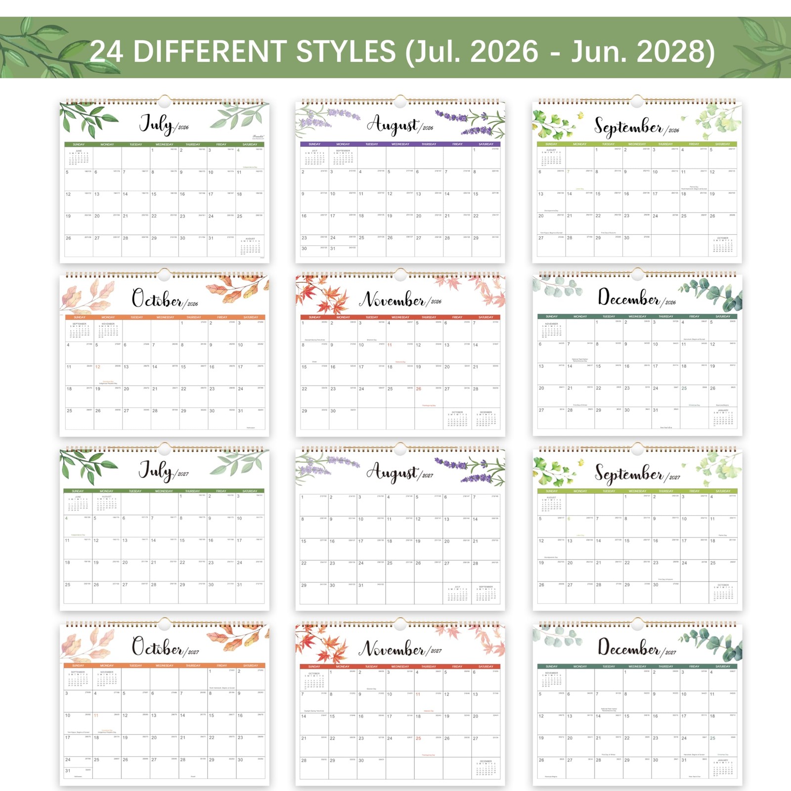 Calendar 2026-2028, 2 Years Wall 14.8” x 11.5”（2026-2027）, Light Green