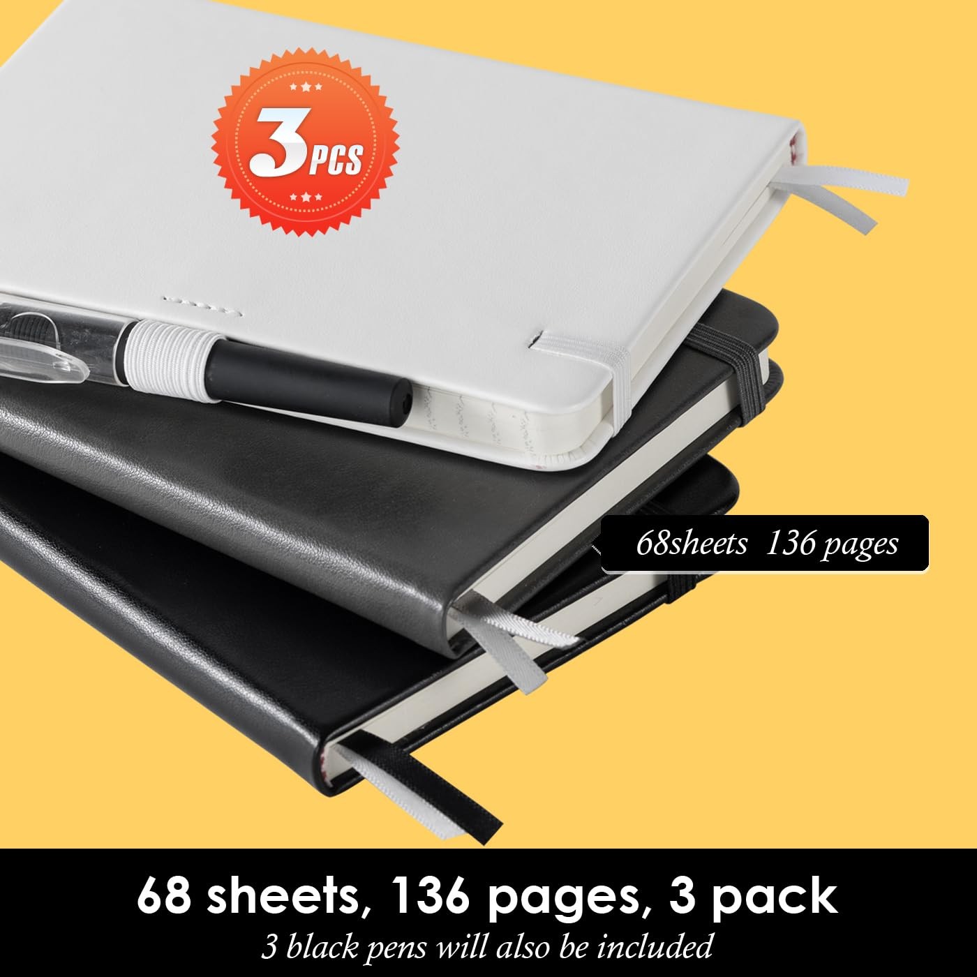 Small Notebook Pocket Size Journal 3.7″ x 5.7″, 3 Pack, Black_Gray_White