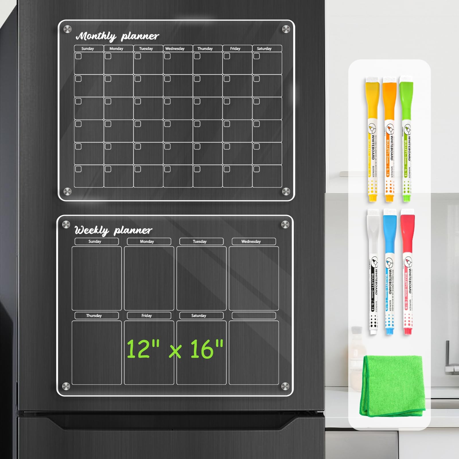 WALGLASS Acrylic Calendar for Fridge, Monthly 12″ x 16″, + Clear Set