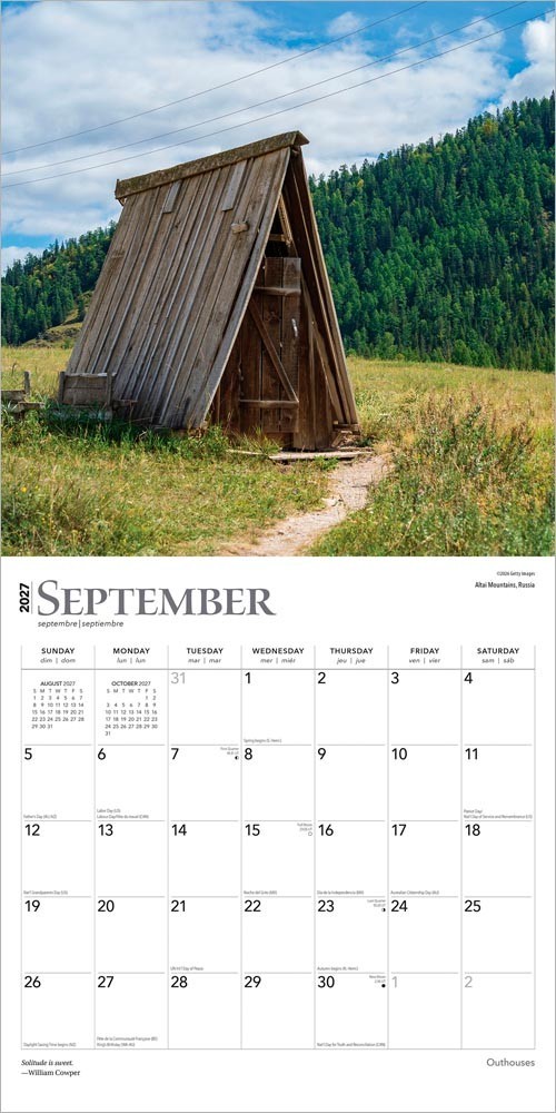 Outhouses | 2027 12×24″ (Hanging) Monthly Square Wall Calendar | Plastic-Free