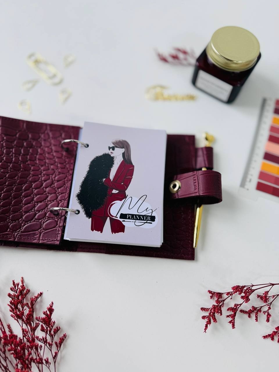 Burgundy leather notebook-wallet cover A7 Big rings mini wallet. Mini Planner.