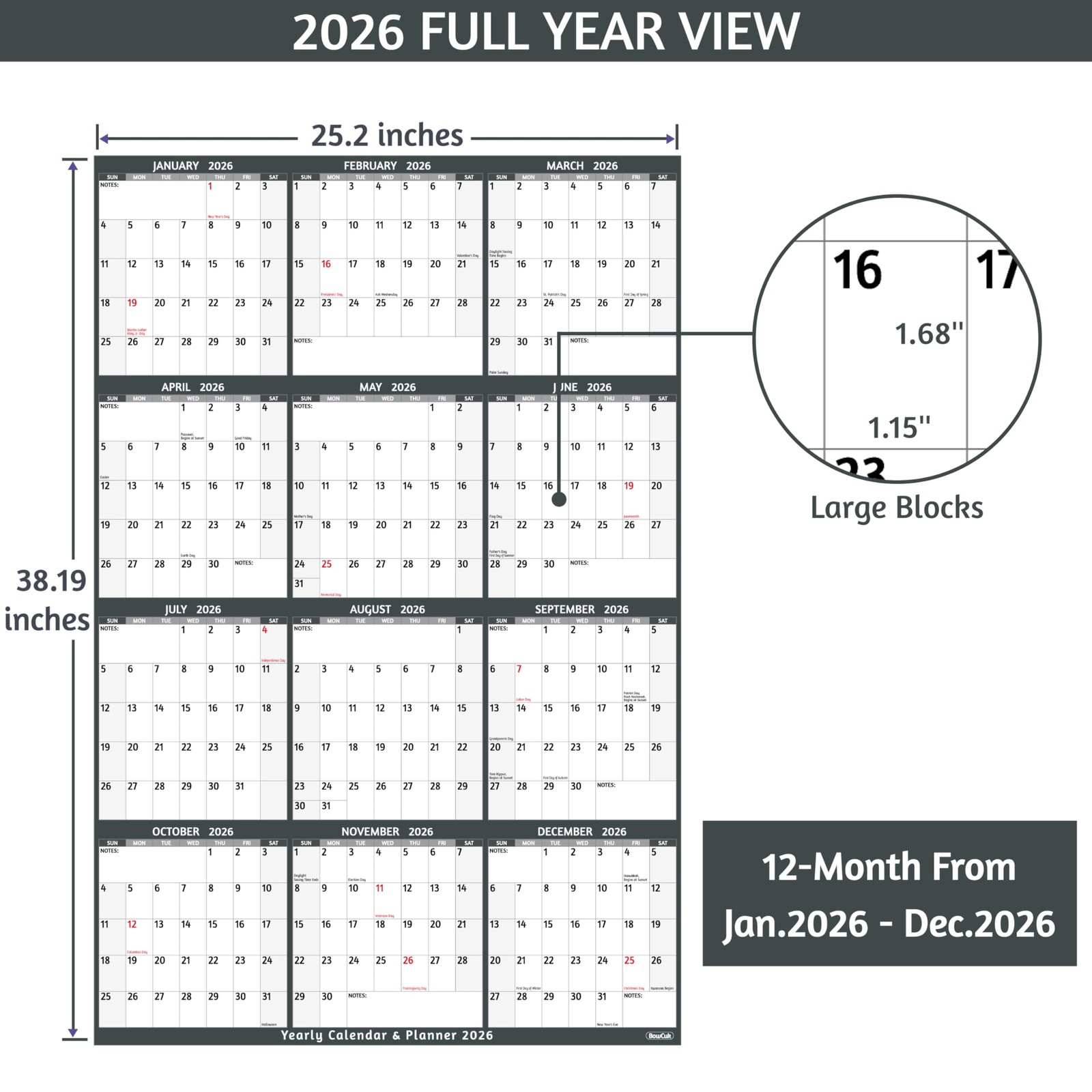 Yearly Wall Calendar 2026 – Large 2026 Vetical, Jan 2026 -…