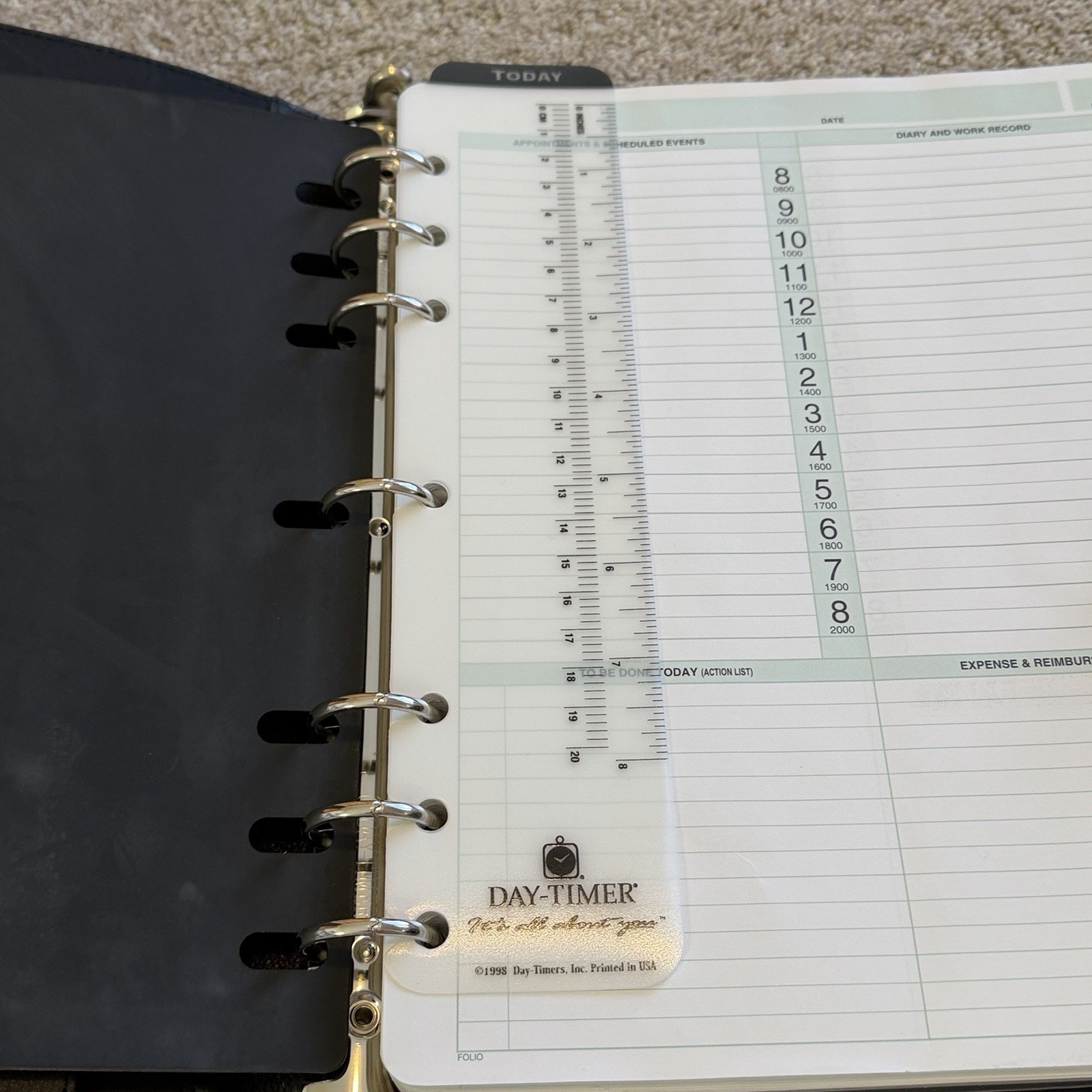 Day Timer Smooth Black Leather 7 Ring Planner Snap Close w/ Inserts 2000 Vintage