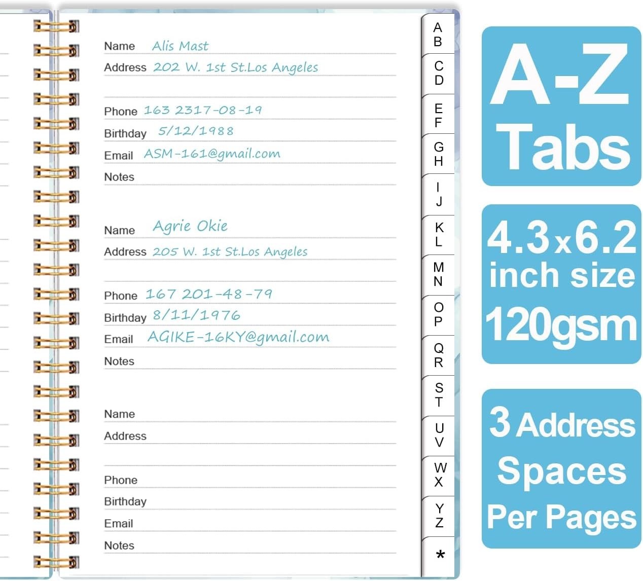 Book with Tabs, Spiral Contacts, Dates, Phone, Password, 4.3″ x 6.2″, Blue