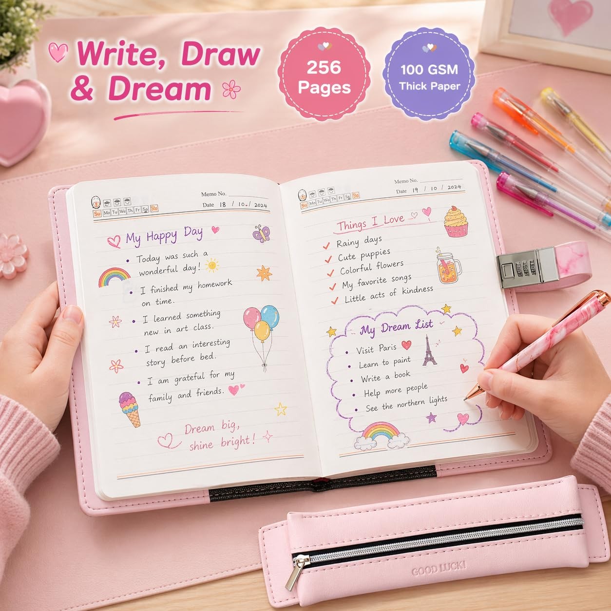 Secret Diary with Lock 256 Pages for Girls Ages 8-12 – Cute Gift Set with Pens