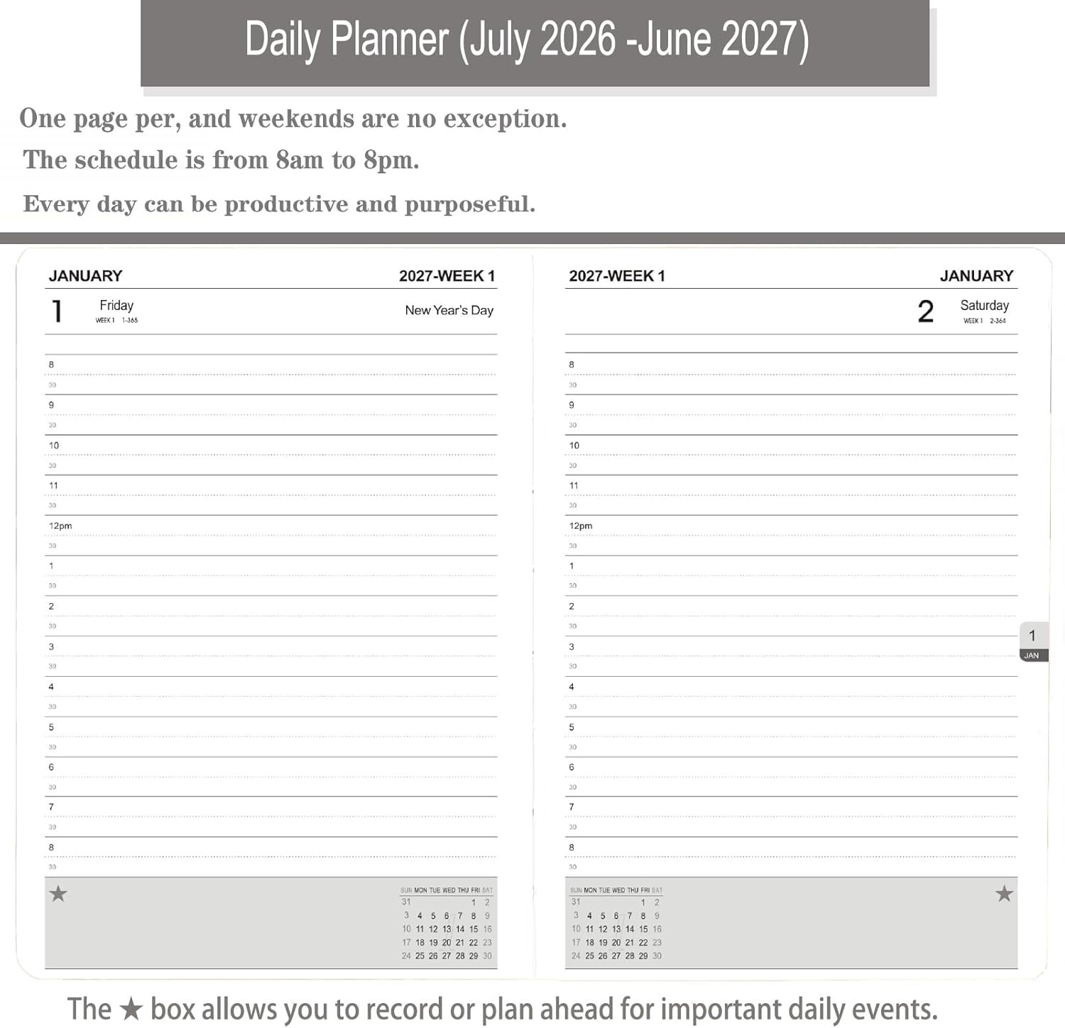 Daily Planner 2026-2027, One Page per Day, Academic Calendar (July 2026 – June 2