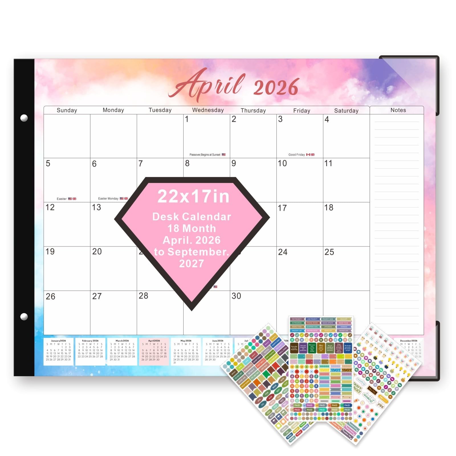 SIRUIFEN 2026 Desk Calendar Large 22×17 Inches,Large 22 X 17 Inches, Pink