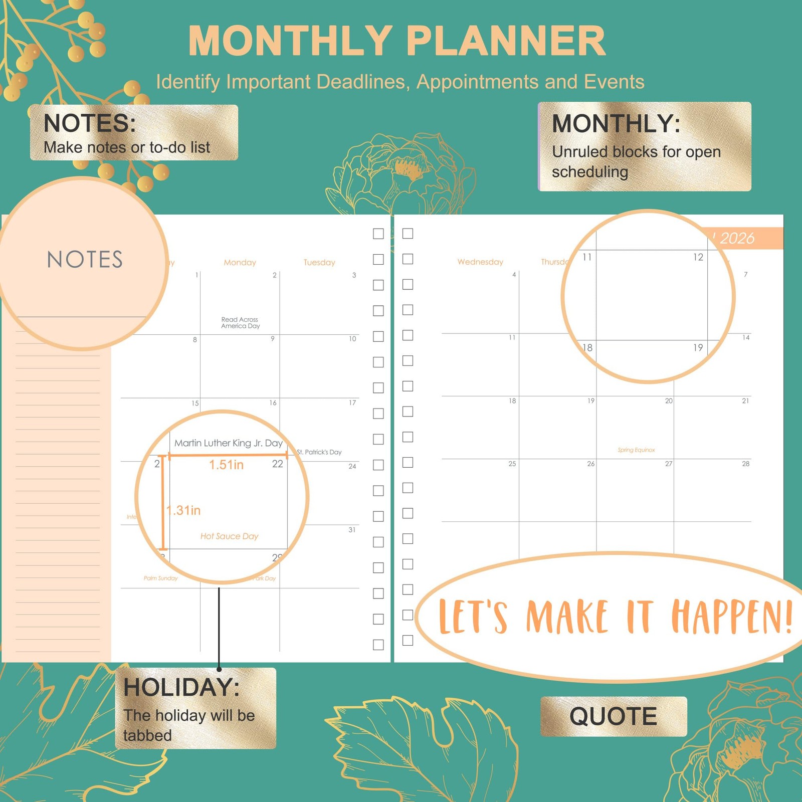 2026 Planner Weekly and Monthly， Jan – Dec 2026 8.3 x 9.3 Inch Hardcover Spir…
