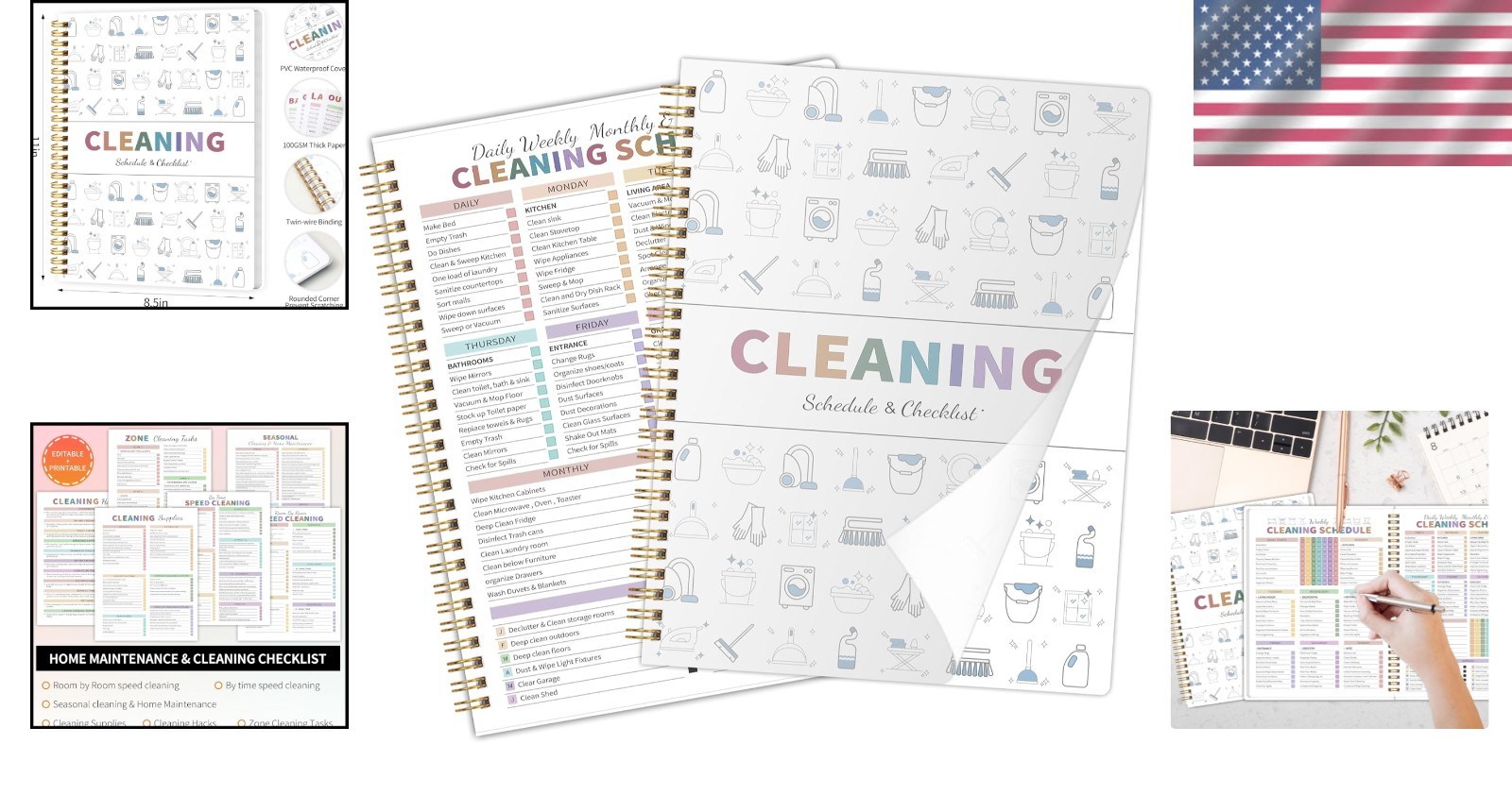 Spiral Bound Cleaning Planner for ADHD Adults Waterproof PVC Cover 8.5 X 11