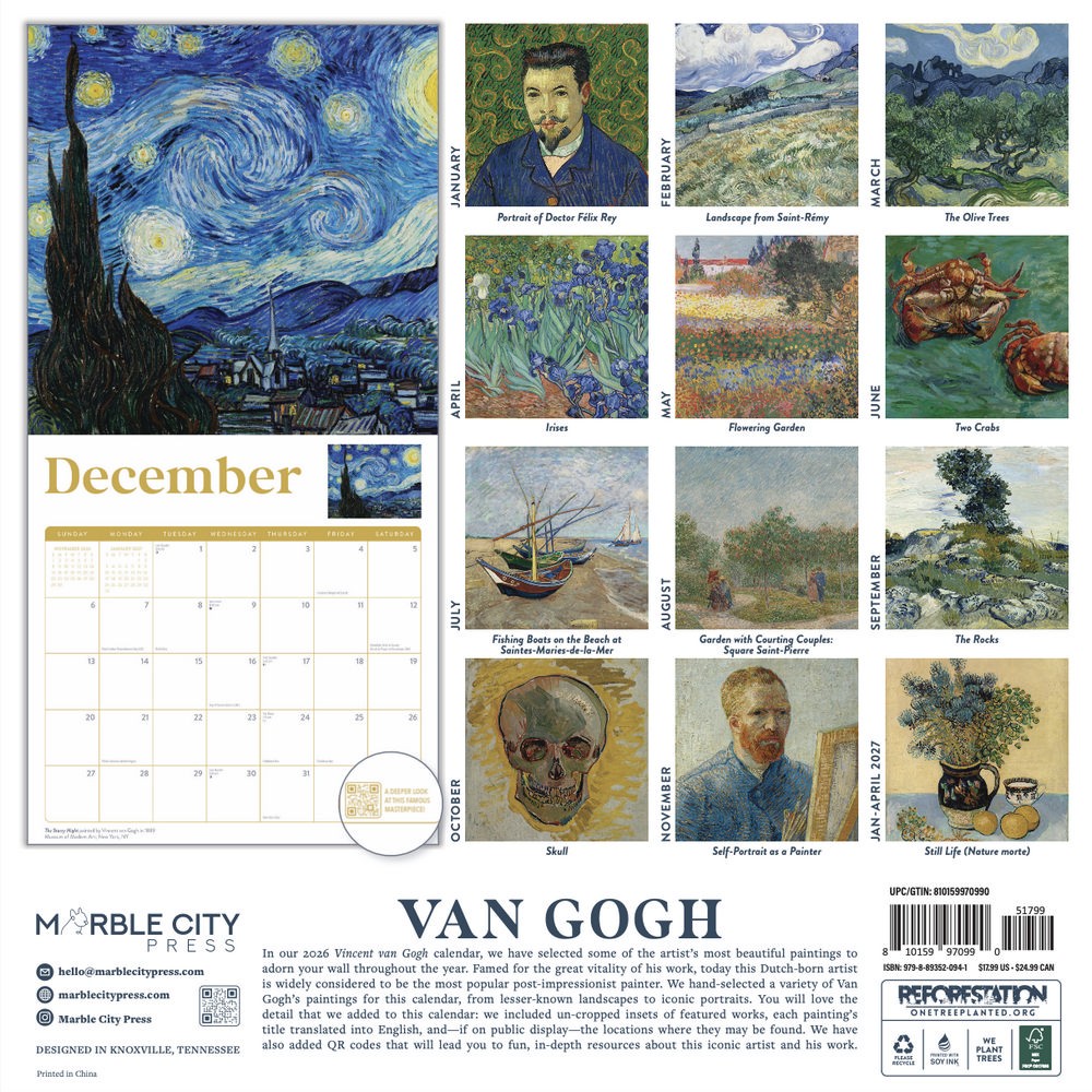 Van Gogh Calendar 2026 | 12″ x 24″ 12 Month Calendar | Marble City Press