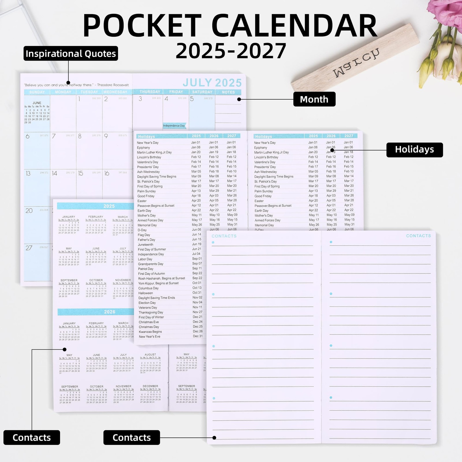 DreamDove Planner 2026-2027 Pocket Monthly 3.5 x 6.5 inches, Floral-1PCS