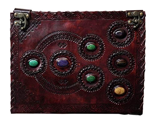 Handmade Vintage Leather Journal – Chakra Embossed Seven Stone Notebook 10×13″
