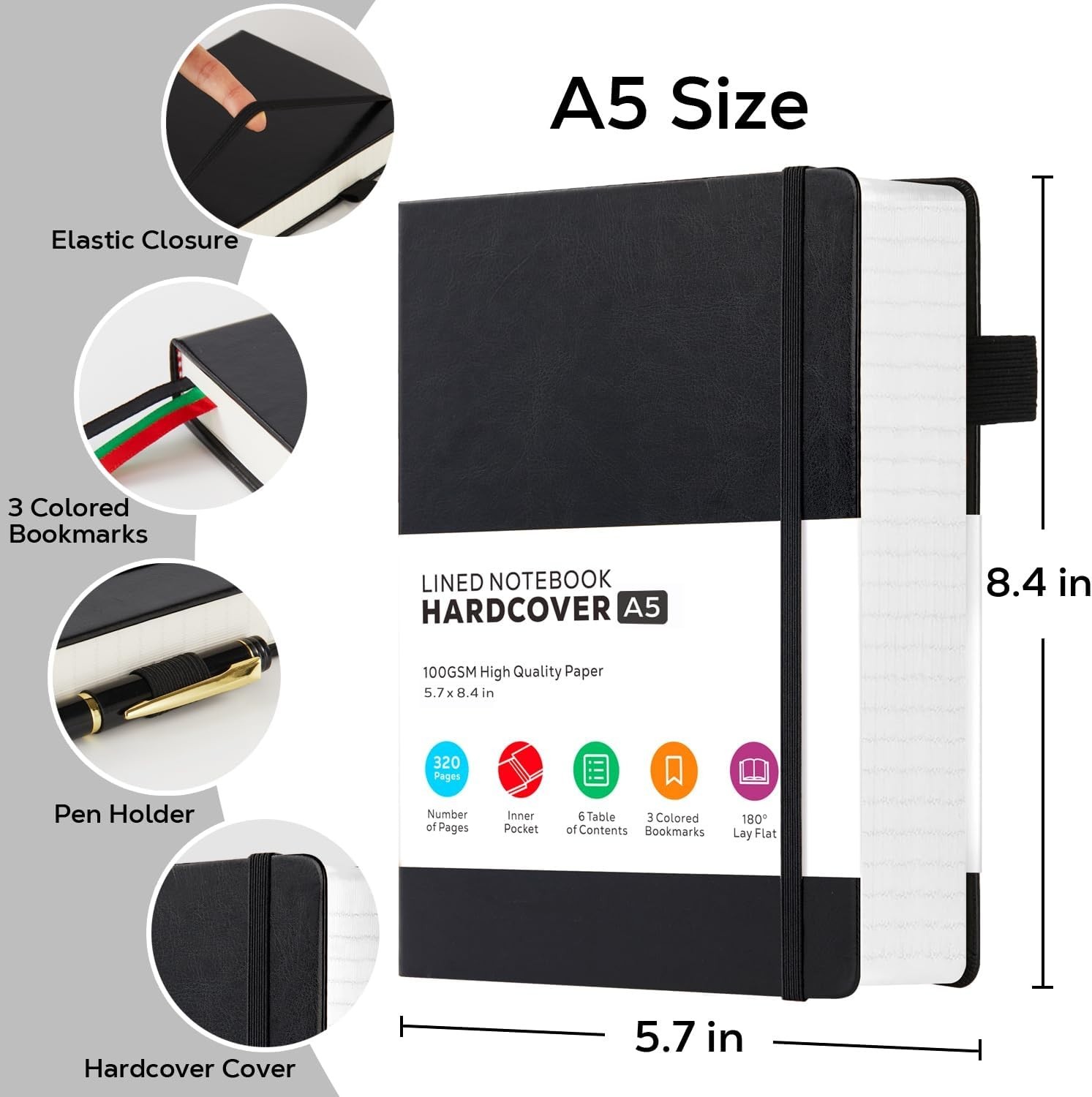 Hardcover Lined Notebook Journal for Writing, 320 Pages Leather Thick College Ru