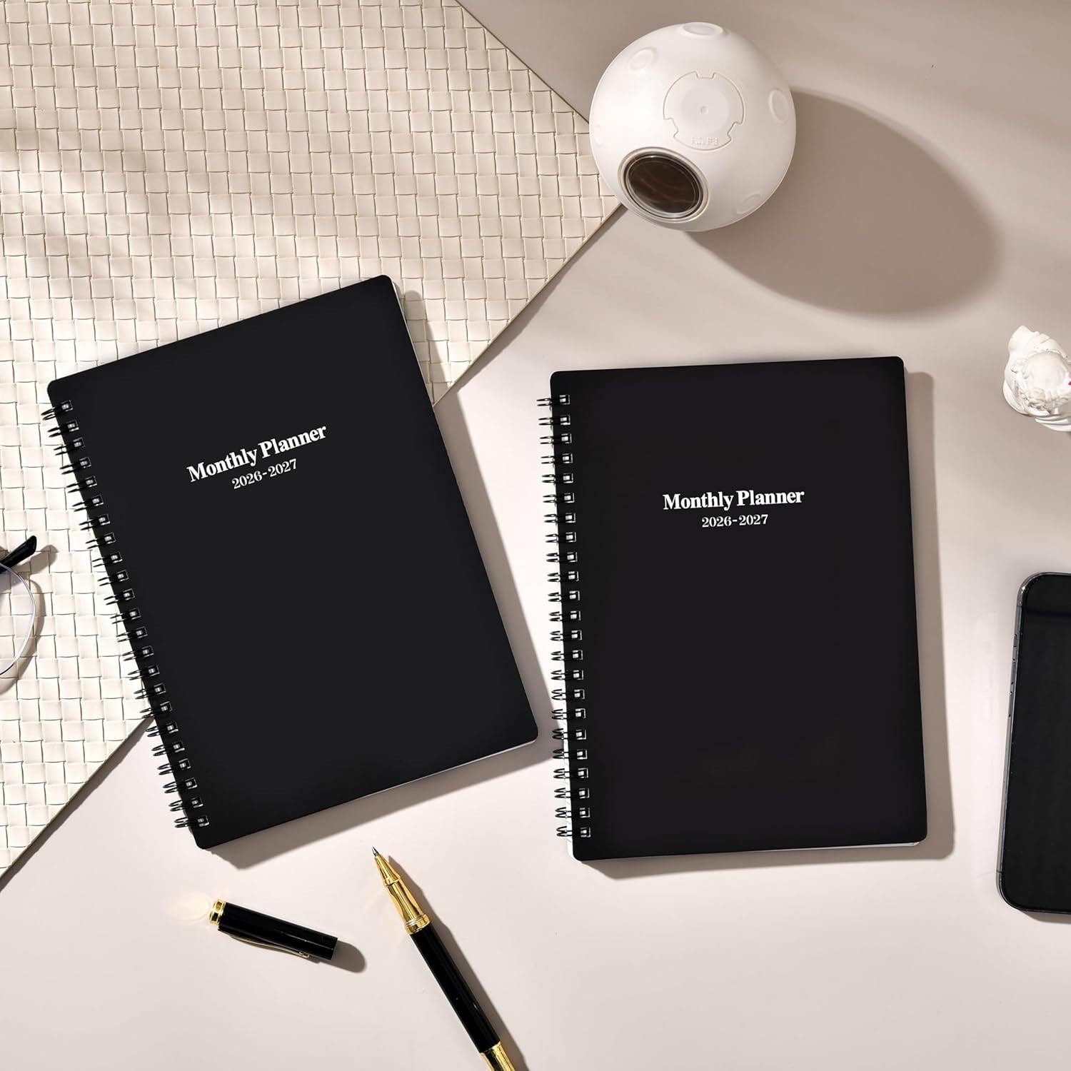 Classic Black 2026-2027 Monthly Planner – 2 Agenda with Twin-Wire Binding
