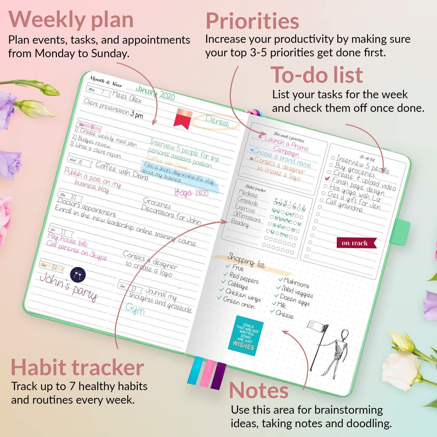 GoGirl Planner and Organizer for Women – A5 (5.8” x 8.3”), Mint Green