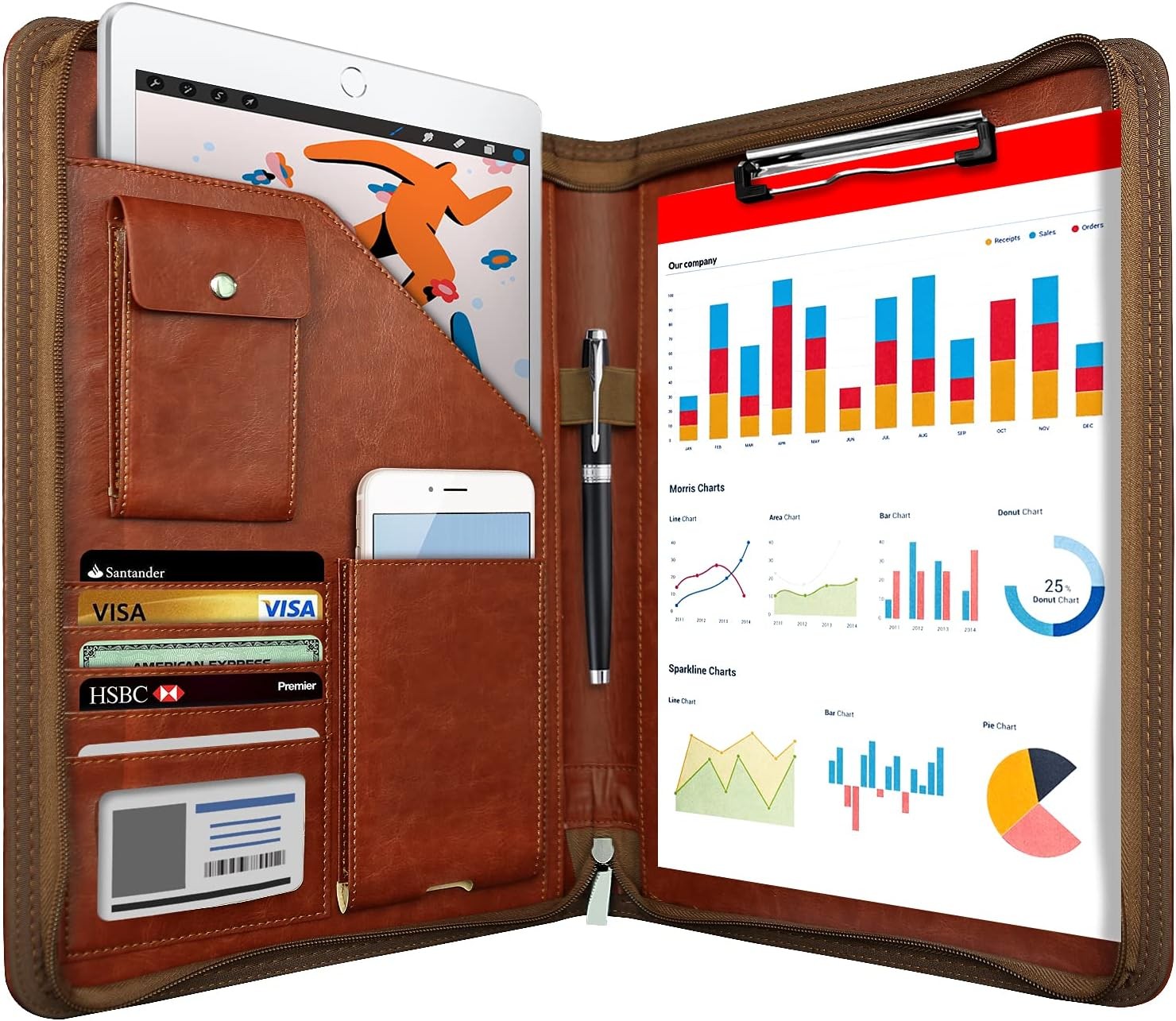 Zippered Padfolio Organizer, Leather Planner Binder, 10.2 Inch Portfolio Fold…
