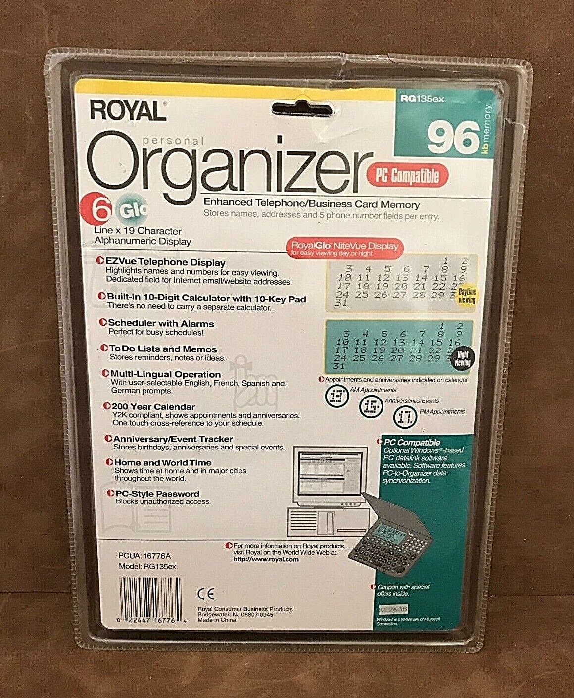 NEW ~ ROYAL Personal Organizer ~ RG135EX ~ PC Compatible ~ Royal Glo Nite Vue