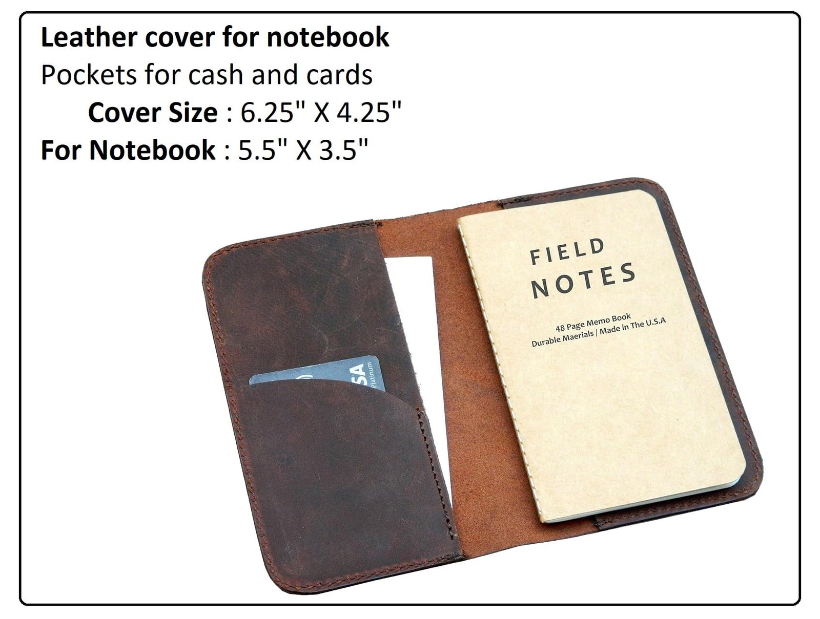 HERTE Leather Journal Cover for Field Notes, Small Pocket Size Notebook 3.5″ X 5