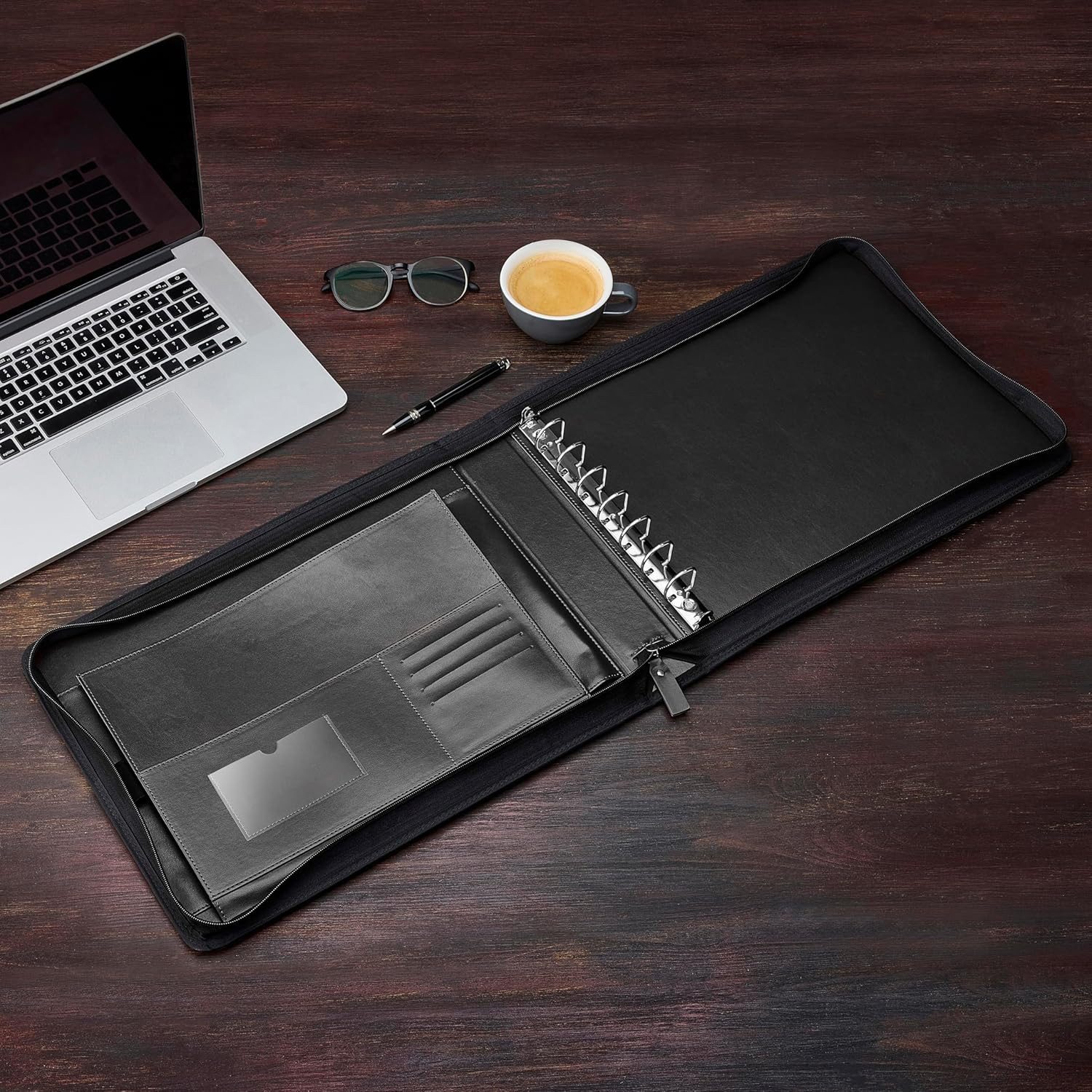 7 Ring Checkbook Binder for Business Checks, PU Leather Check Binder Portfolio w