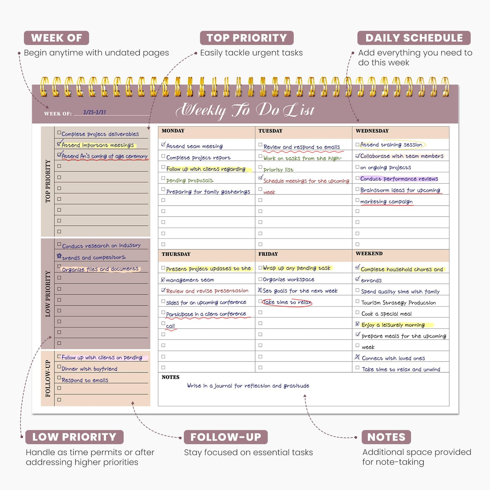 Weekly To Do List Notepad with 52 Undated 1 Pack, a-Midnight Lilac