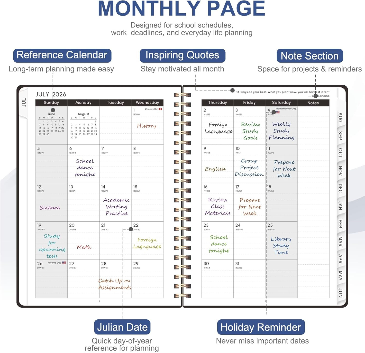 Planner 2026-2027, Weekly and Monthly Academic Year Calendar Planner, July 2026