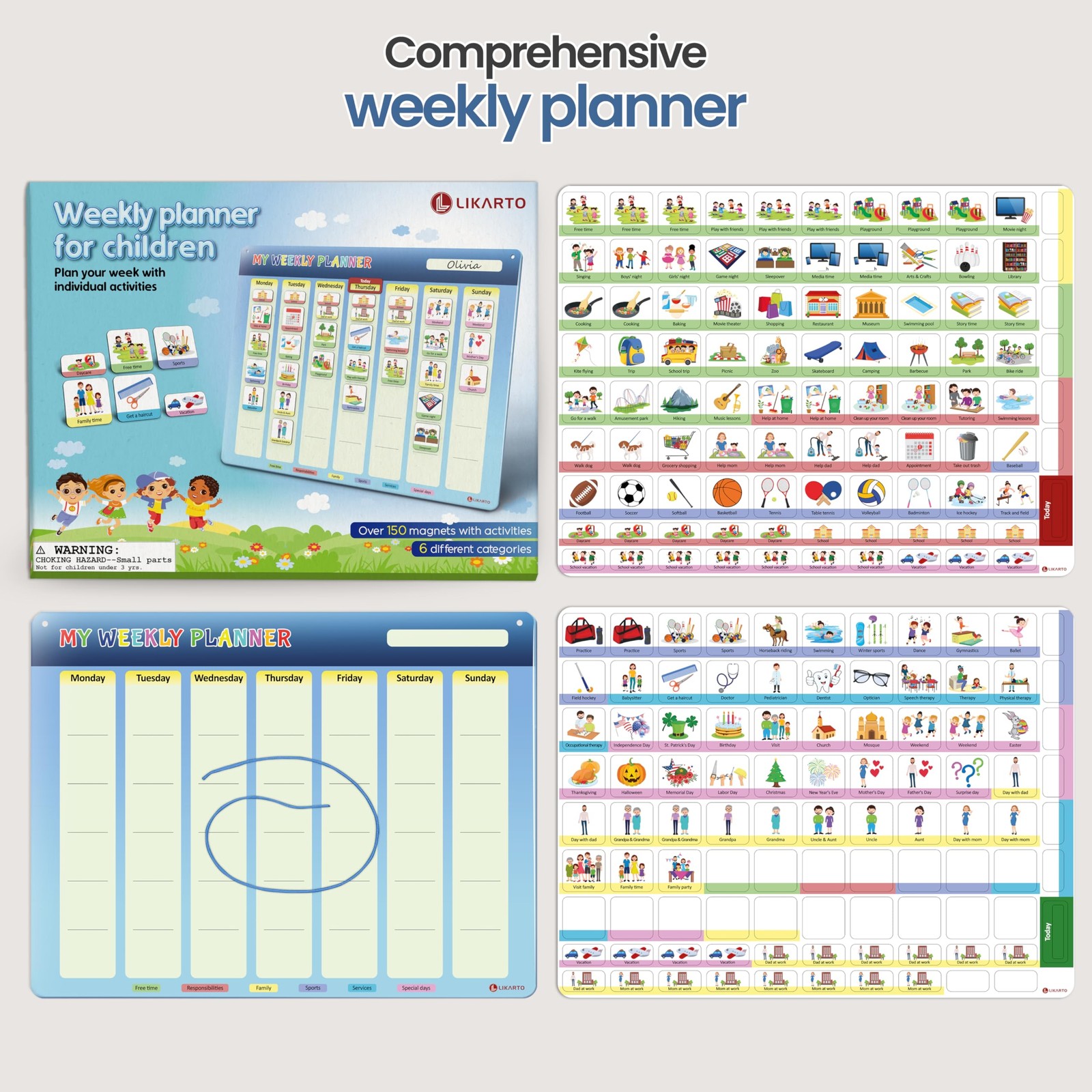 LIKARTO® Weekly Planner for Children – Montessori Magnetic Board A3, blue