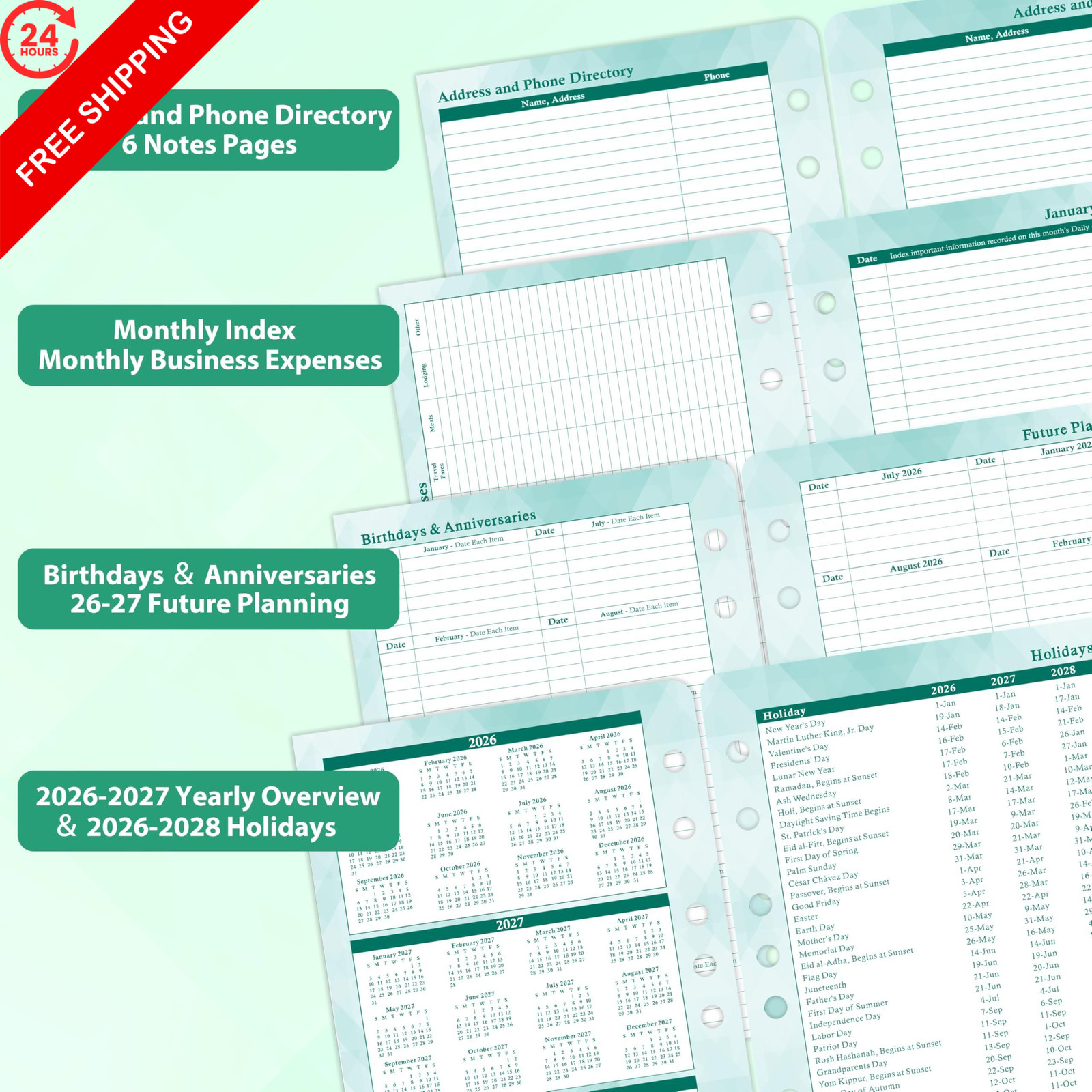 2026-2027 Planner Refills – Jul.2026 – Jun.2027, Two Pages Per Day A5, Green
