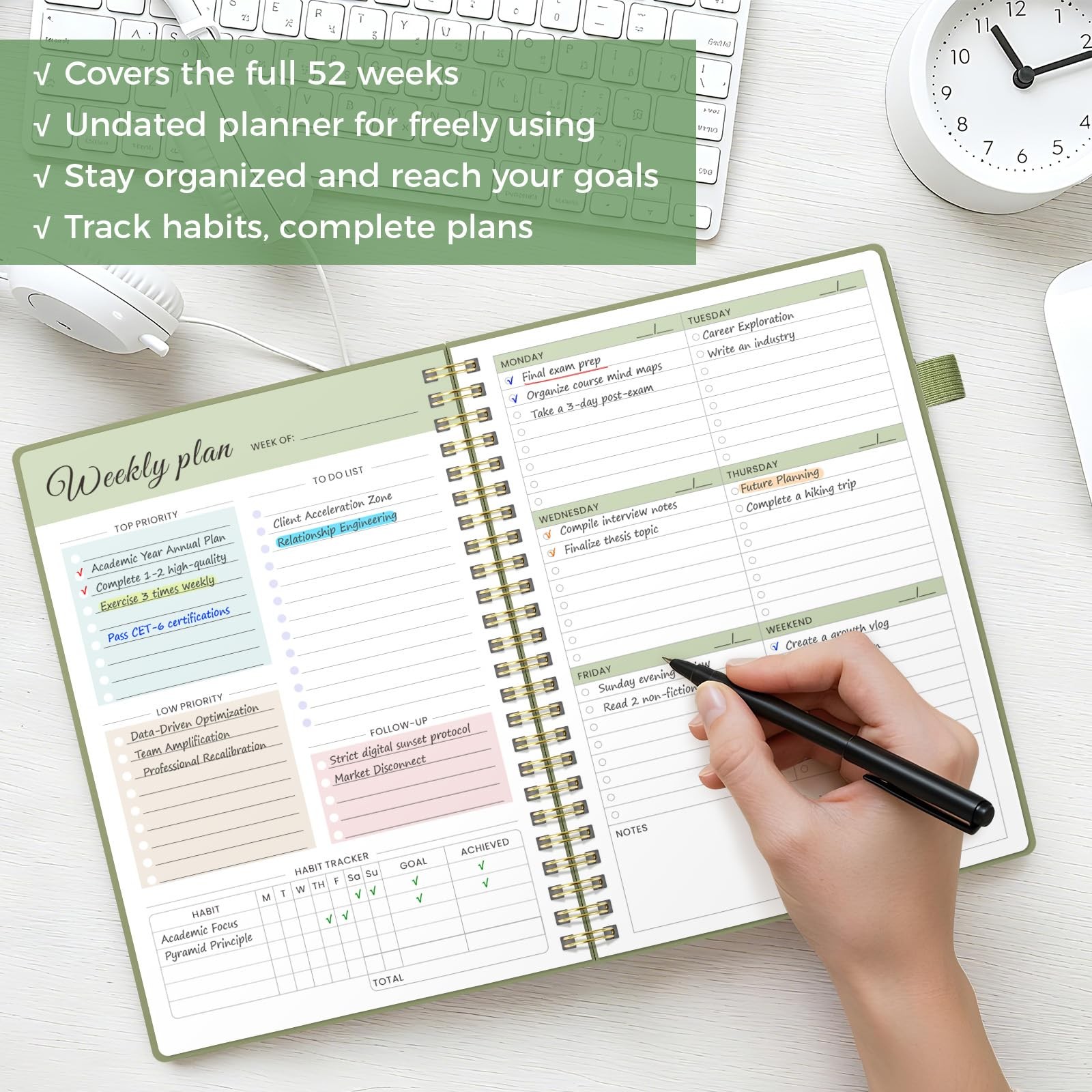 Oucaru Undated Weekly Planner, A5 To Do List Notebook with A5-Green, Green
