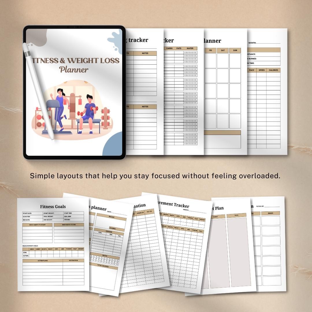 Digital Workout Planner Printable Fitness Tracker Weight Loss Meal Habit Log PDF