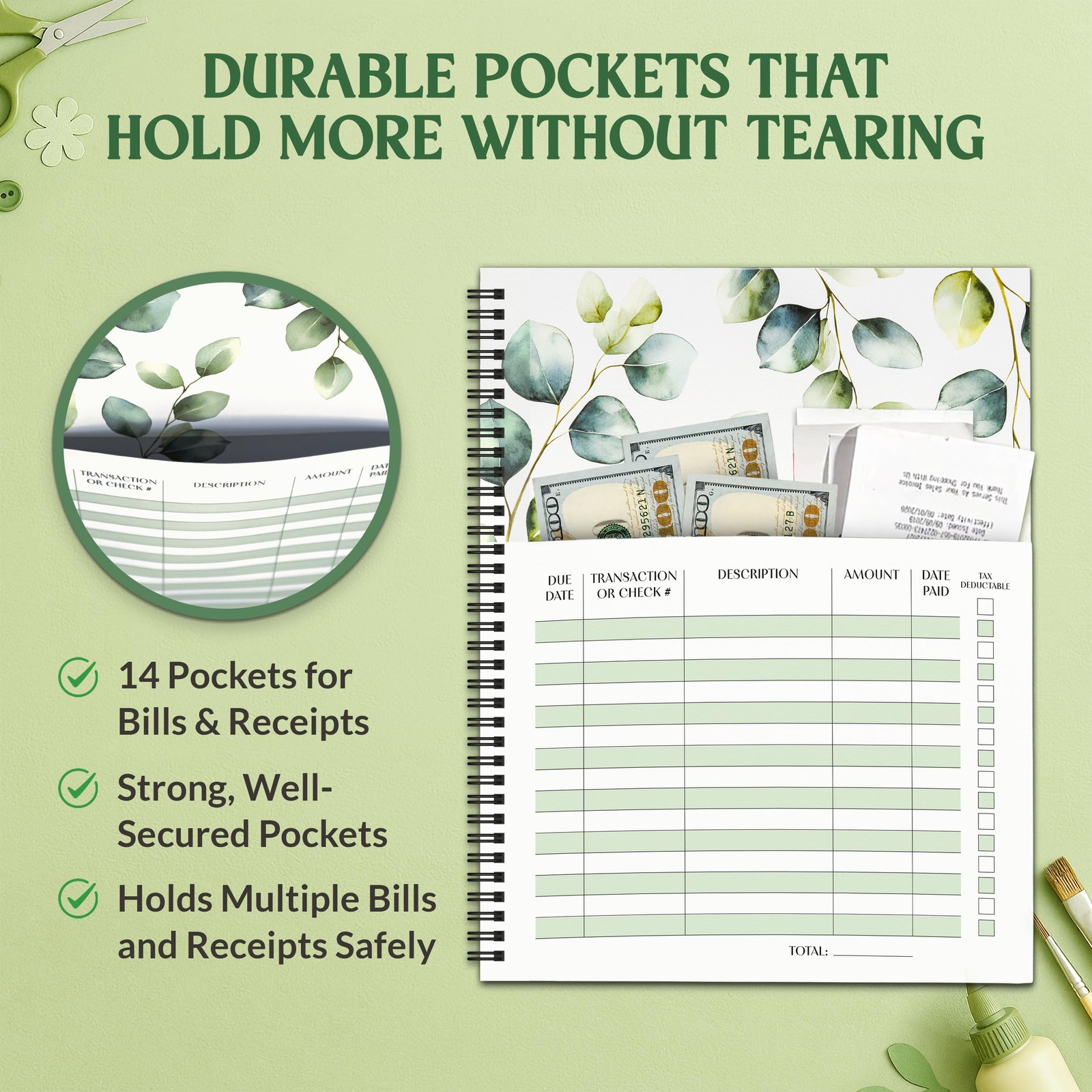 Decorably 14 Pages 9x12in Eucalyptus Monthly Bill 9×12 inches, Green