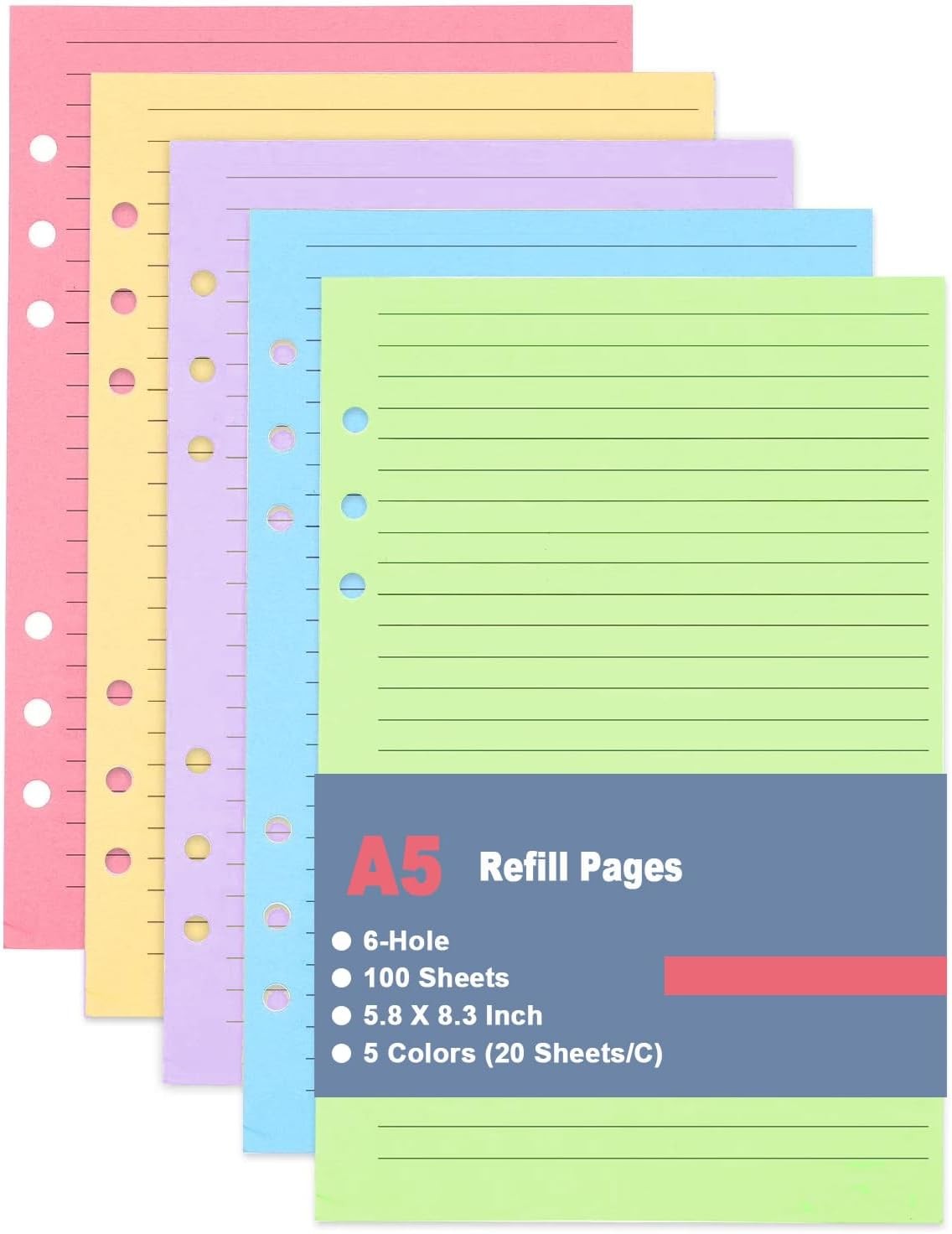 A5 Filler Paper, 6 Hole Colorful Refills, Lined Paper for 6 Ring Binder, 100 She
