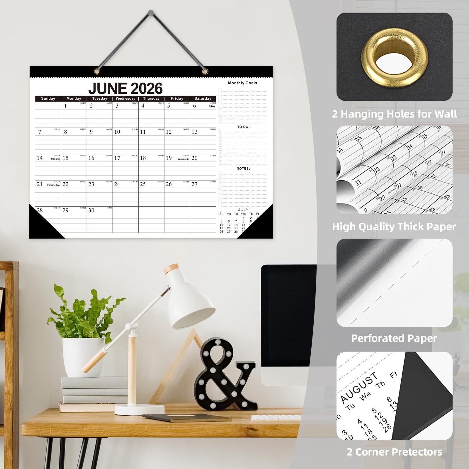 2026 Calendar Desk Calendars 2026-2027 Wall 17″x12″Jan.2026-Jun.2027, Black