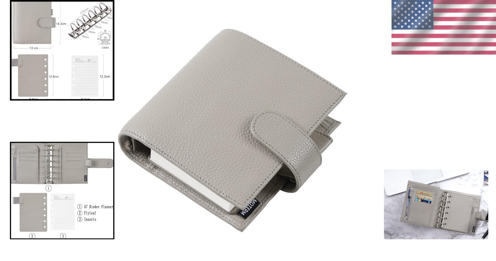 Pocket Luxe Planner – Genuine Leather Organizer with 30mm Rings in Pebble-Gray
