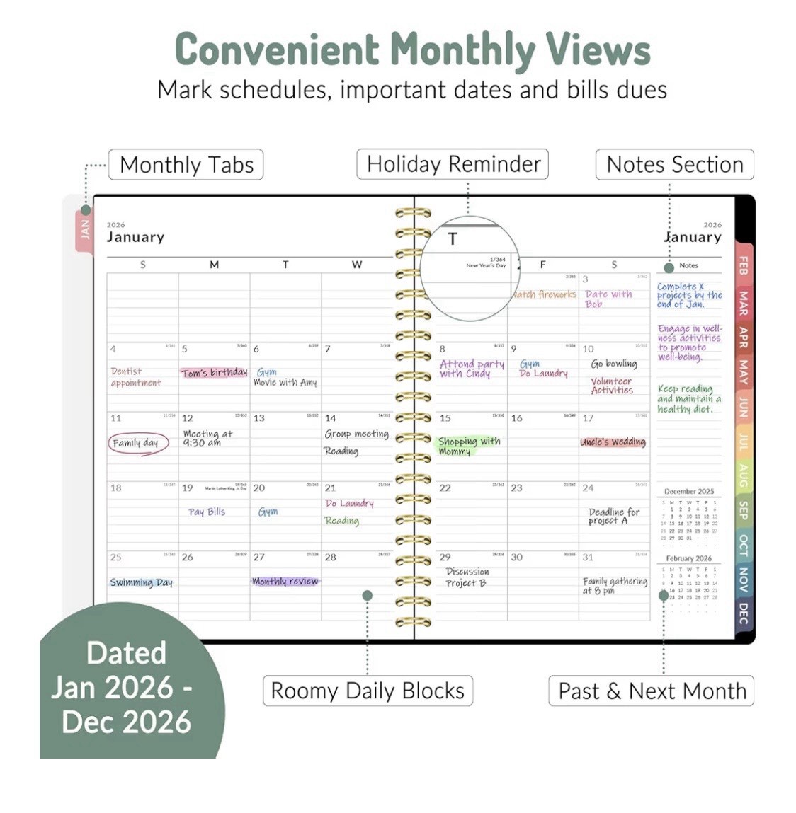 Forvencer 2026 A4 Weekly Monthly Planner Purple Flexible Cover with Tabs