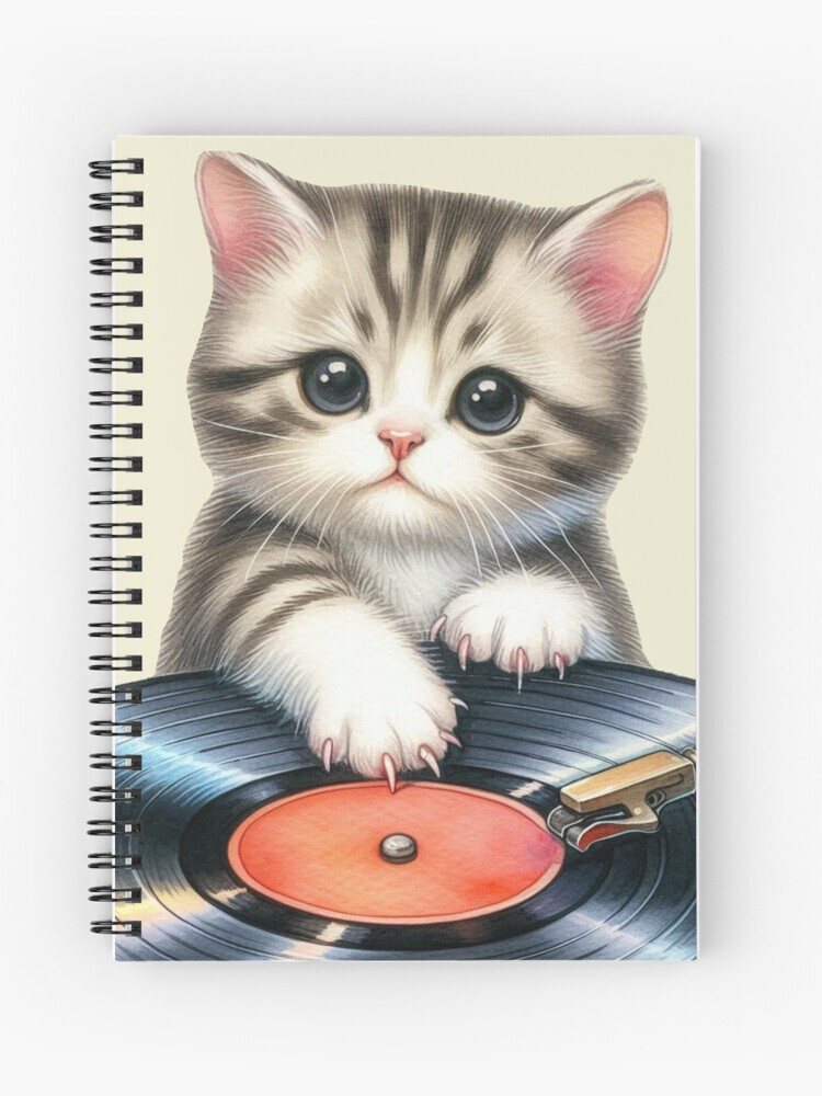Sweet Little DJ KAT Journal Spiral Notebook Ruled Line Original Design Cat Lover