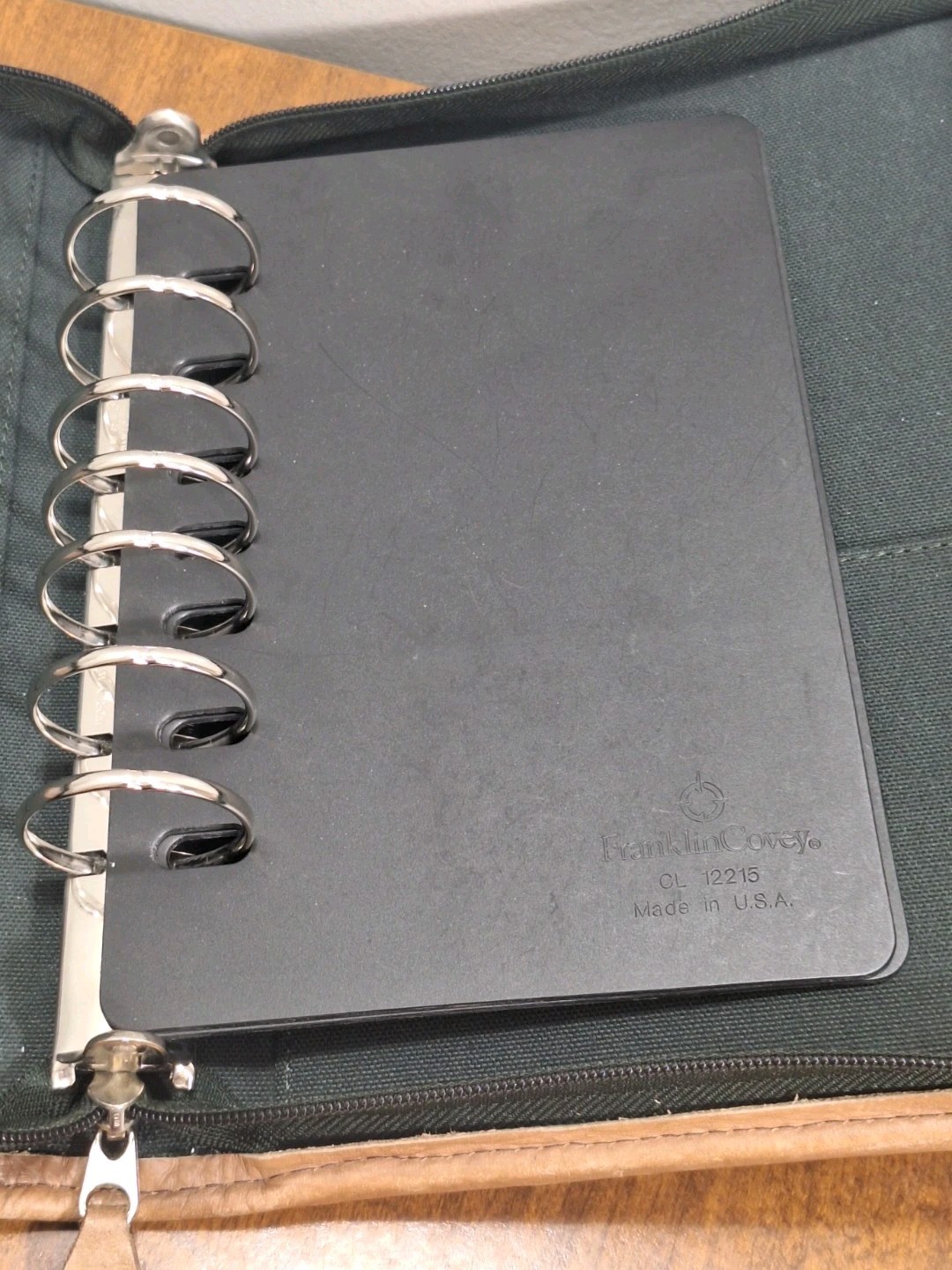 Vtg Franklin Covey Planner Dark Green Canvas Tan Leather Trim 8×10 Zip Closure