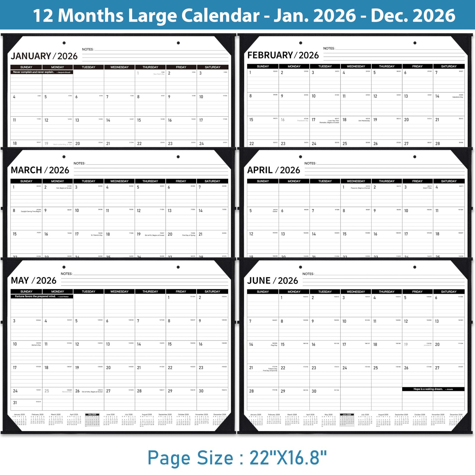 2026 Desk Calendar – JAN. 2026 – DEC. 2026, 22″ x 17″, Large x black