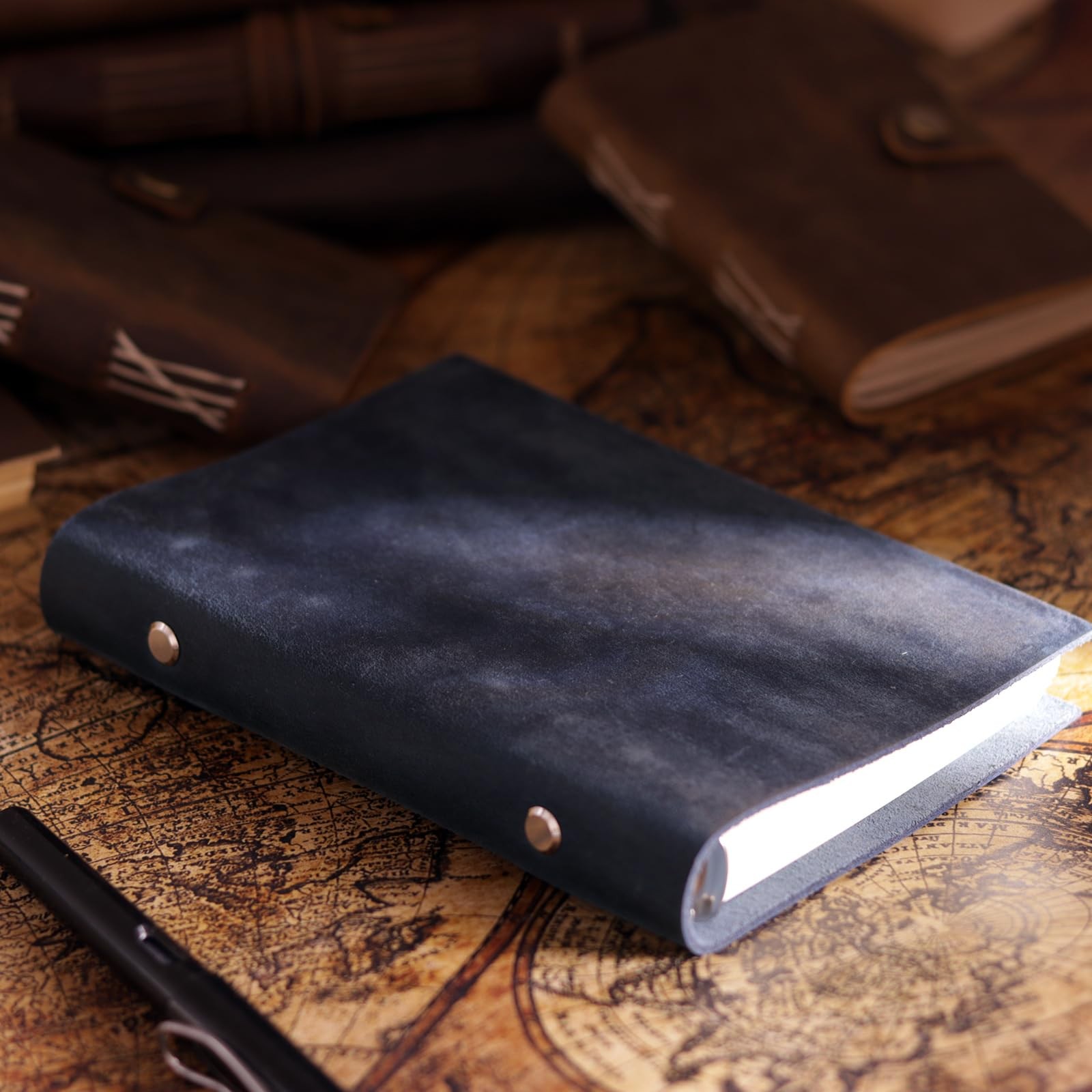 A6 Refillable Notebook,Blue Genuine Leather 5x7In 6 Ring Binder Journal for Men