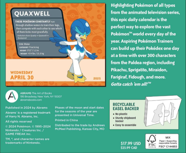 Pokemon 2025 Day – To – Day Calender English Version