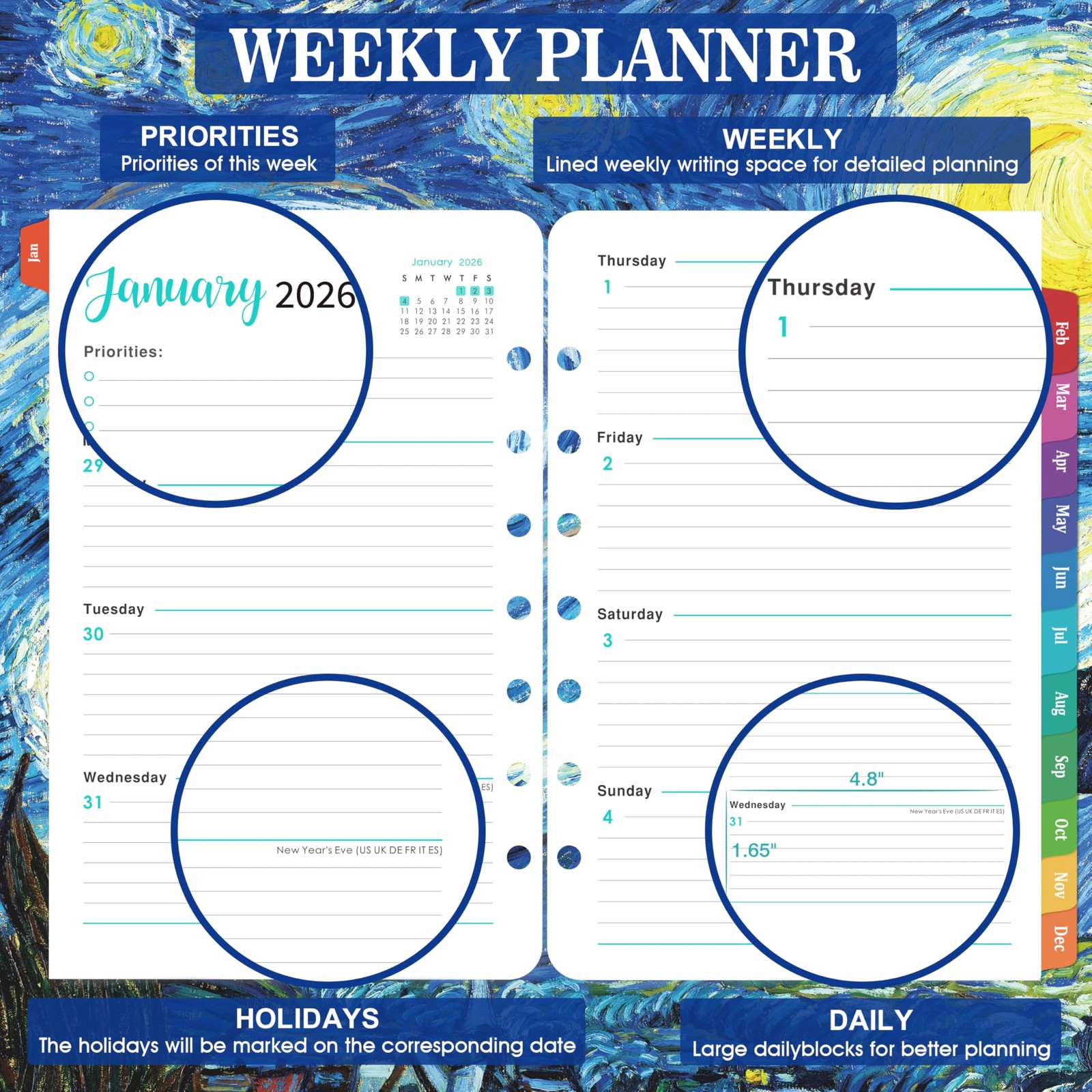 2026 Planner Refills – Jan. 2026 – Dec. 2026, 7 Holes, Planner Refills 2026, 5.5