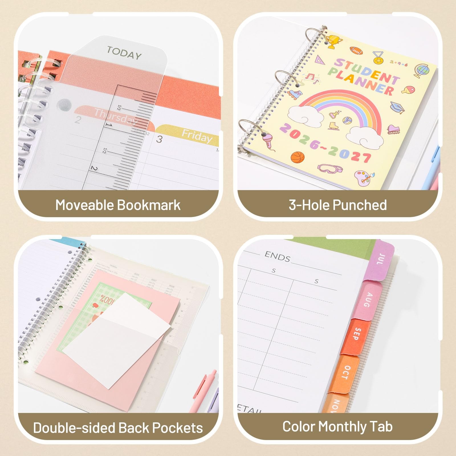 SUNEE Elementary Student Planner 2026-2027, A4 8.5″×11″, Beige Rainbow