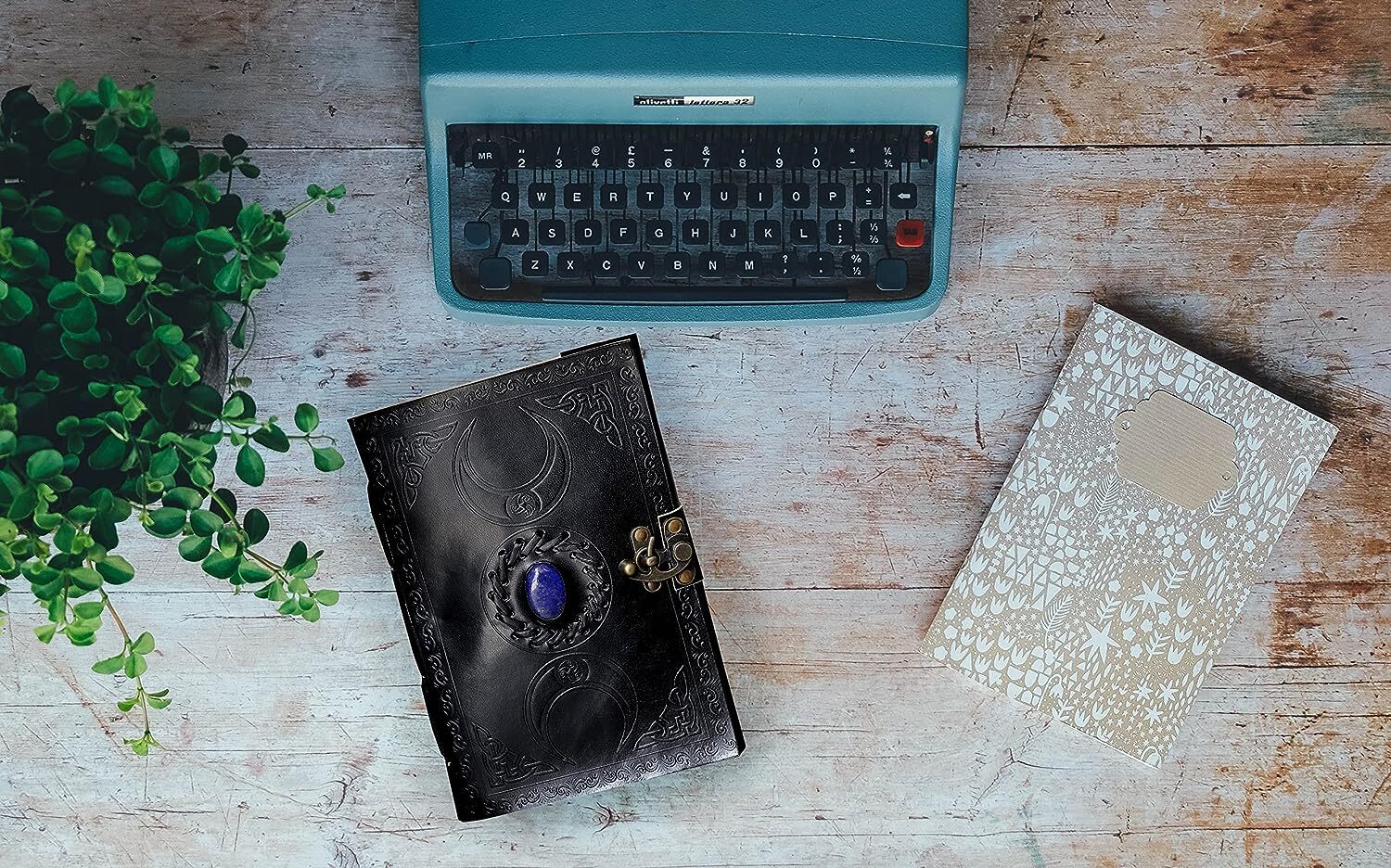 3 Moon Blue Lapiz Embossed Vintage Leather Journal Antique Handmade Deckle Edge