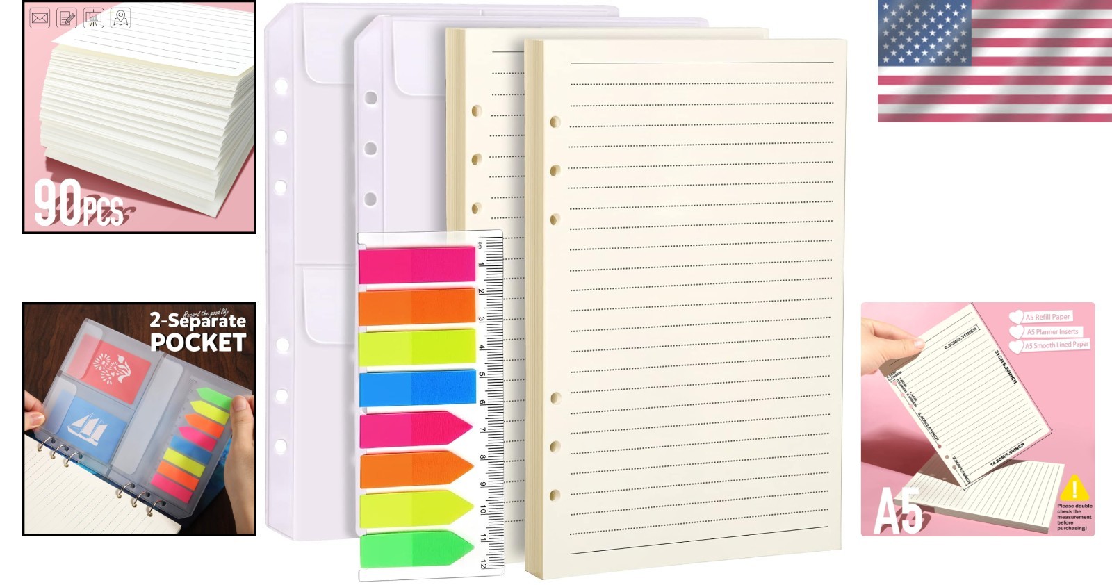 A5 Planner Inserts – 90 Sheets Loose Leaf Paper with Binder Pockets & Index Tabs