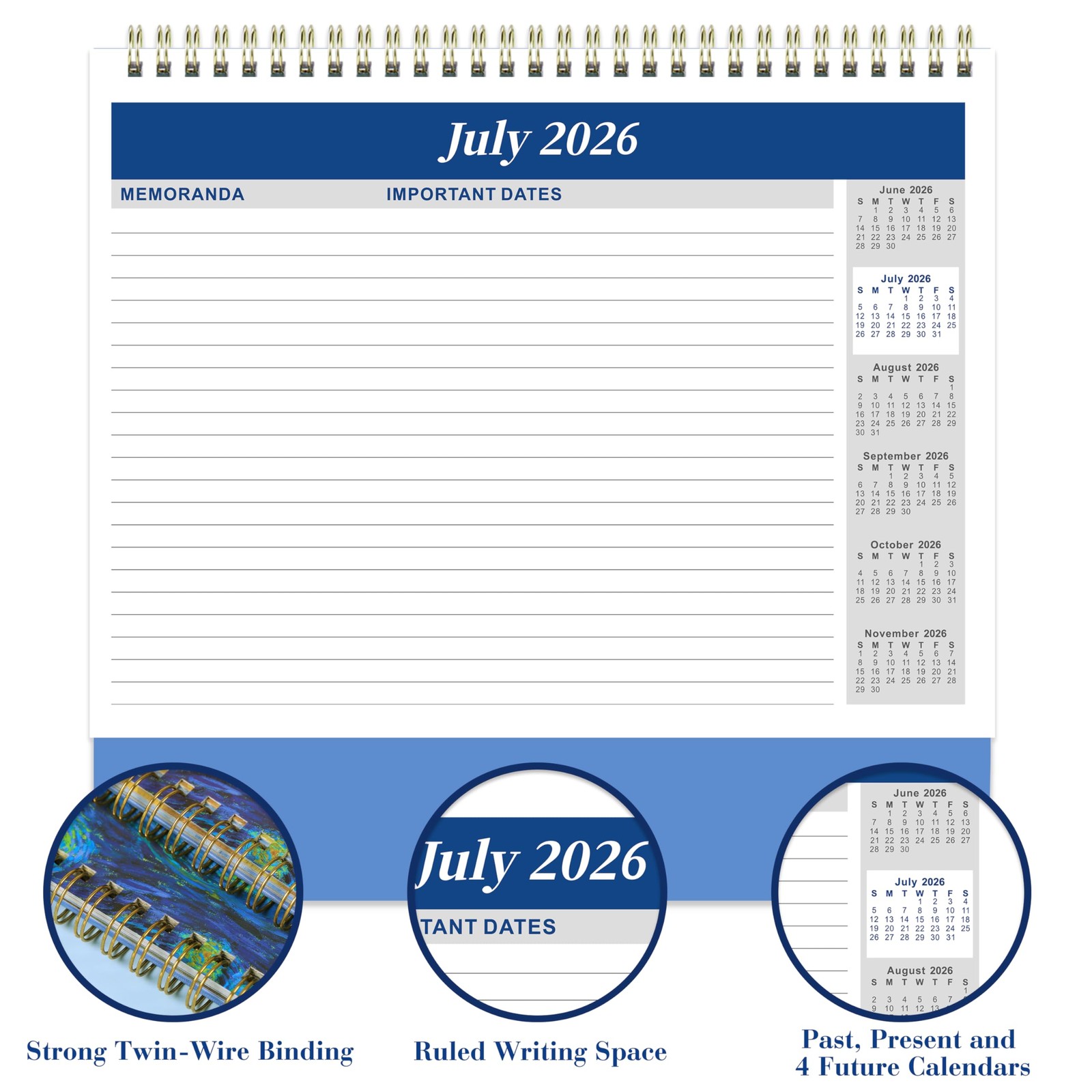 2026 Desk Calendar – JAN 2026 – DEC 2026, Standing Flip Desktop blue
